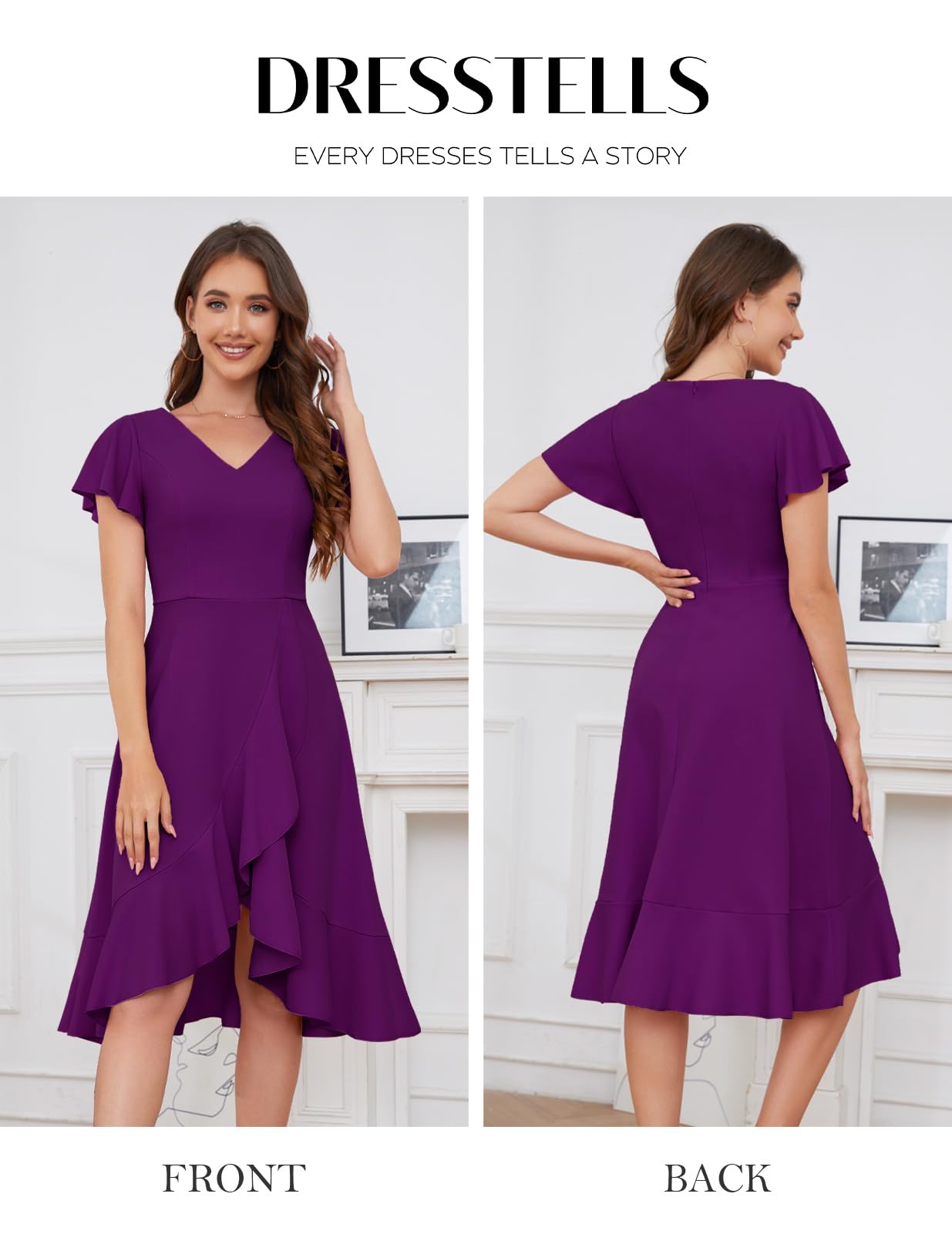 DRESSTELLS Women's Cocktail Dresses 2025 | Formal Wedding Guest Dresses, Ruffle Prom Party Evening Gown with V-Neck | Vintage Style for Bridal Shower, Anniversary Dinner & Special Occasions