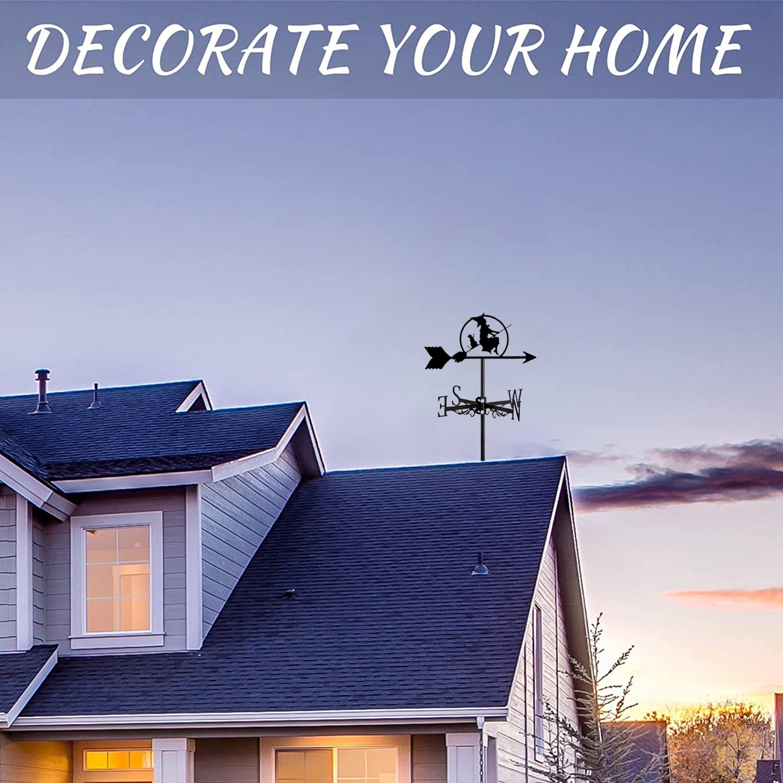 **Stainless Steel Weathervane with Roof Mount - Durable Weathercock & Witch Decor for Garden, Patio, Yard - Direction Indicator & Measuring Tool (Black, Witch & Cat Design) - Perfect for Outdoor Decor, Farmhouse Style, and Gothic Themed Gardens**