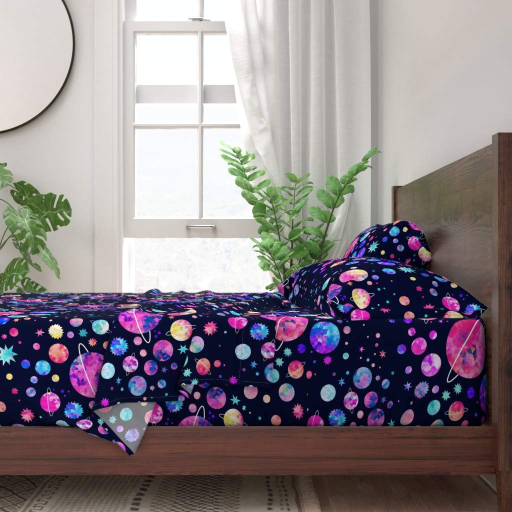 100% Cotton King Size 4-Piece Bed Sheet Set | Galaxy Cosmic Planets Space Stars Pastel Watercolor Print | Soft Breathable Bedding for Home & Hotel Use