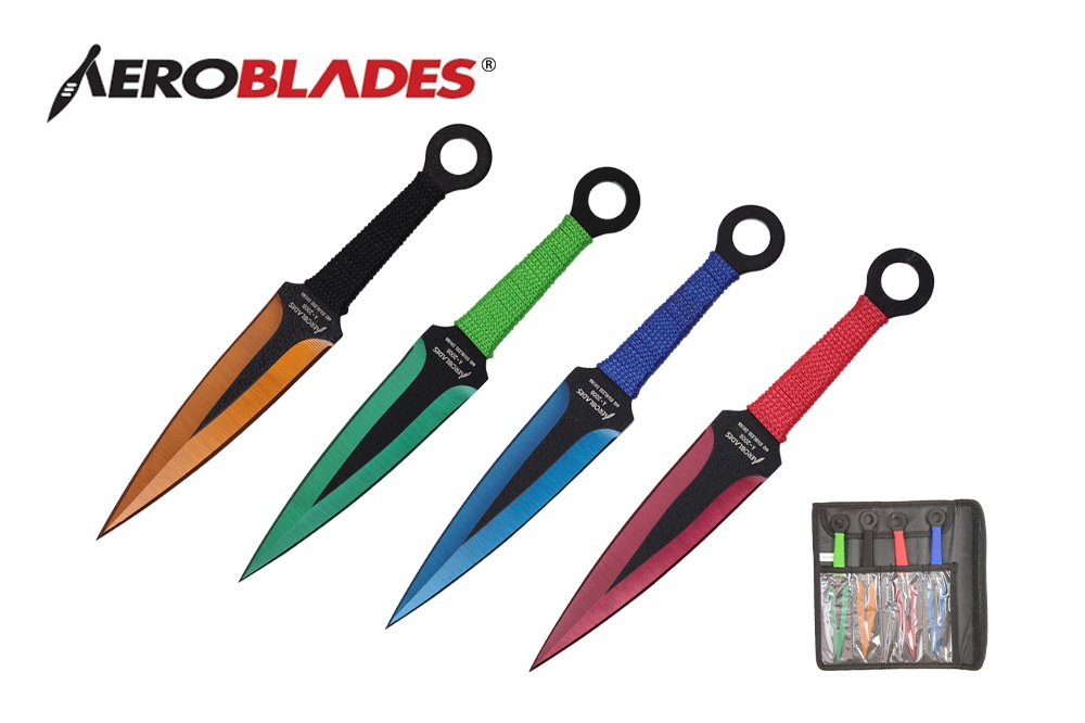Aeroblades 7.5 Inch 4 Piece Set - Professional Throwing Knives for Outdoor Survival, Hunting & Target Practice - Assorted Colors - Perfect for Camping, Backpacking & Knife Throwing Competitions