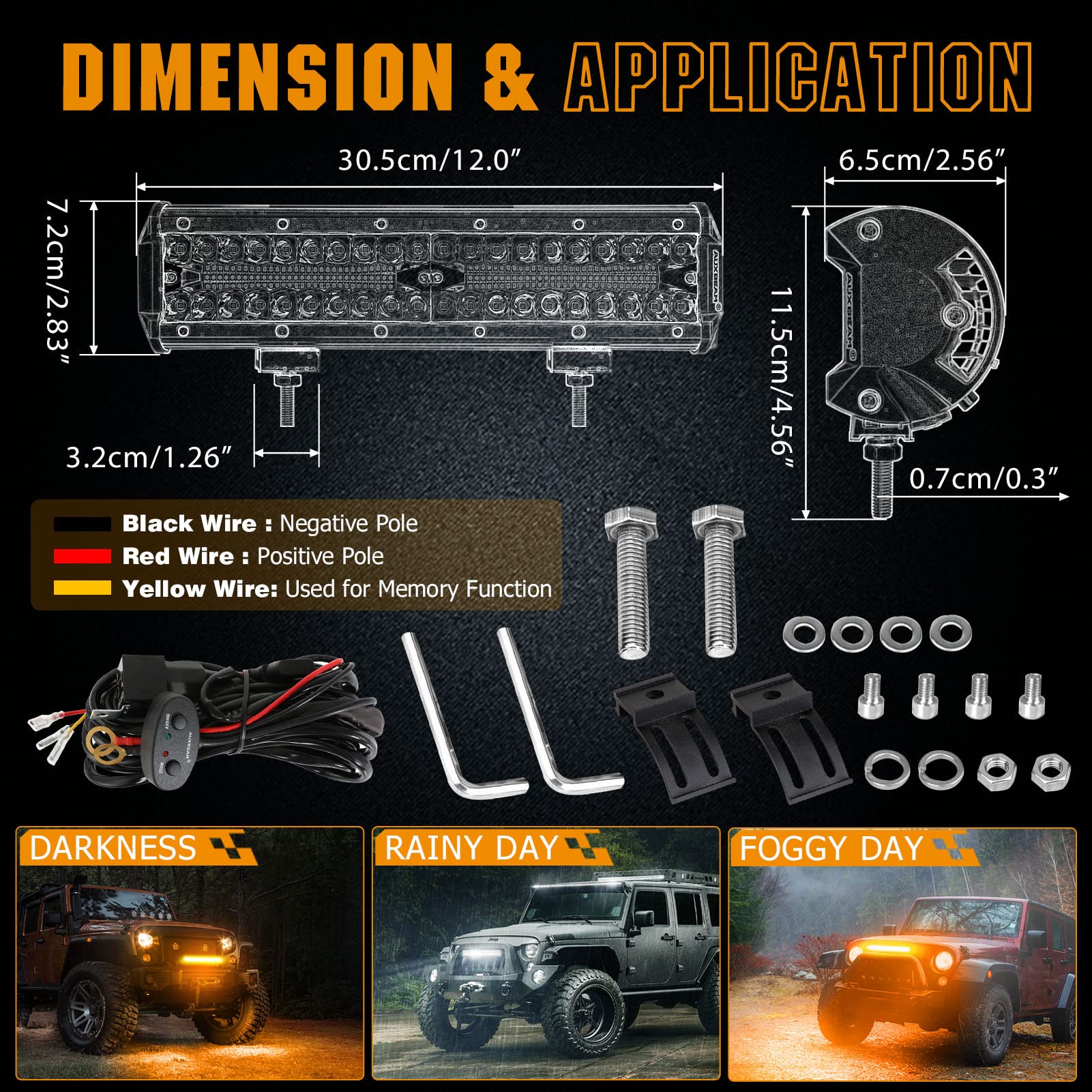 Auxbeam 12 Inch 300W LED Light Bar - Amber & White Strobe with 6 Flashing Modes | Offroad, Emergency, Fog Light for Trucks, Cars, ATVs, Jeeps, Boats | Perfect for Off-Roading, Emergency Signaling, and Nighttime Visibility
