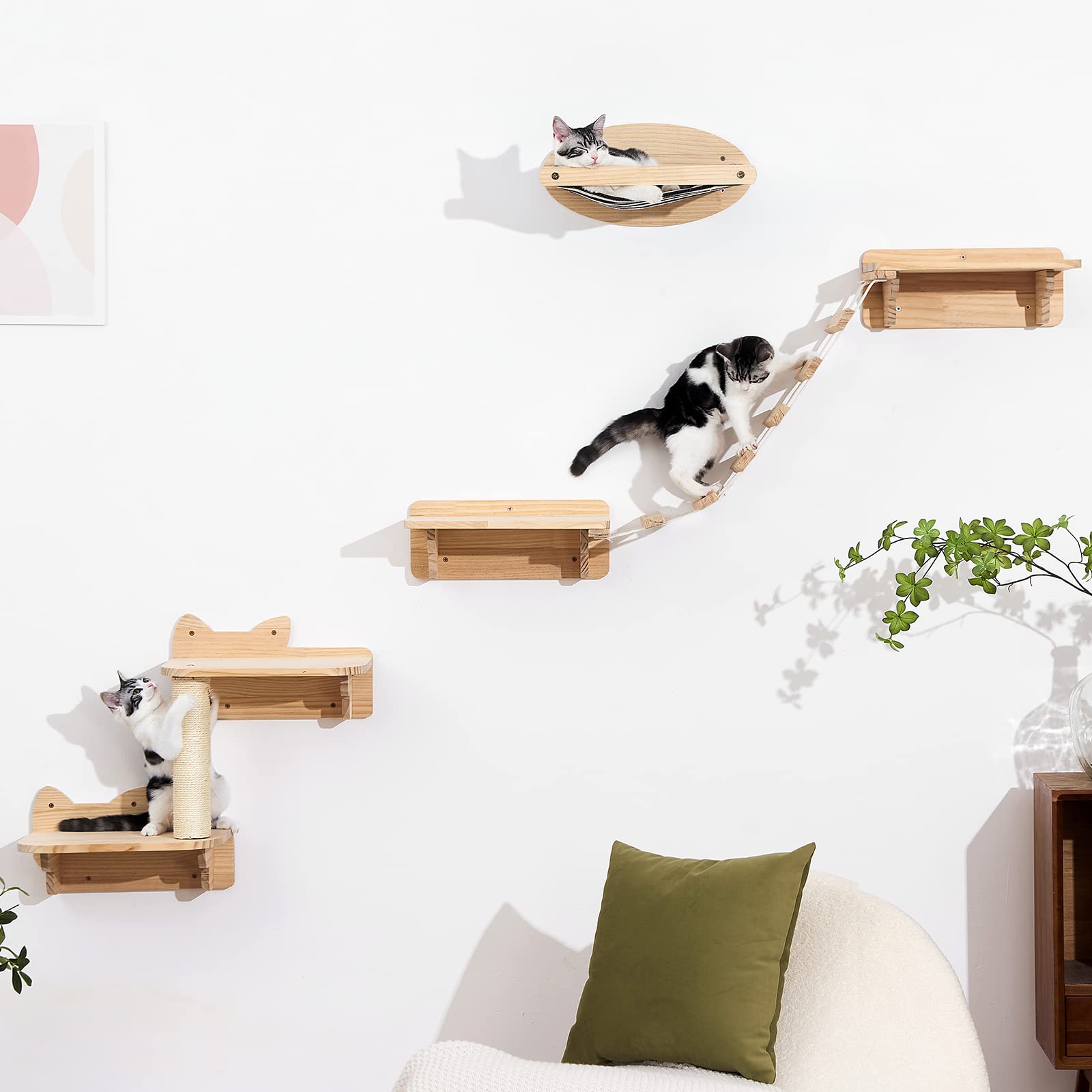 Wall Mounted Cat Shelves & Scratching Bridge - Floating Perch, Climbing Scratcher, Hanging Cat Bed with Stairs for Indoor Cats - Perfect for Small Spaces, Cat Exercise & Play Areas