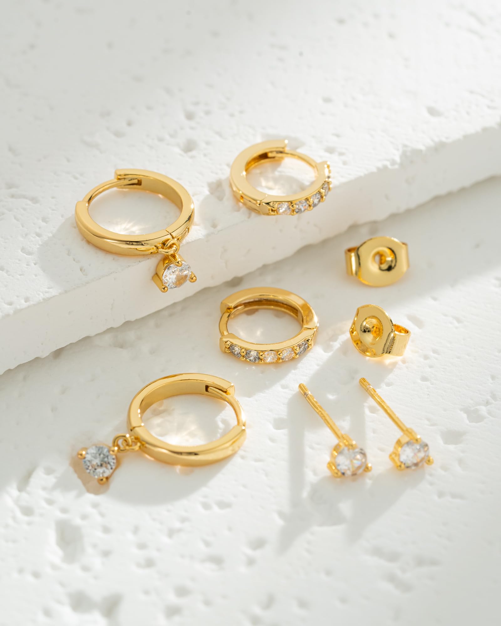 14K Gold Plated Sterling Silver Earrings Set for Women - 3 Pairs Stud, Drop Dangle, Ear Climber & Huggie Hoop Earrings | Hypoallergenic, Elegant Jewelry for Daily Wear, Parties & Gifts