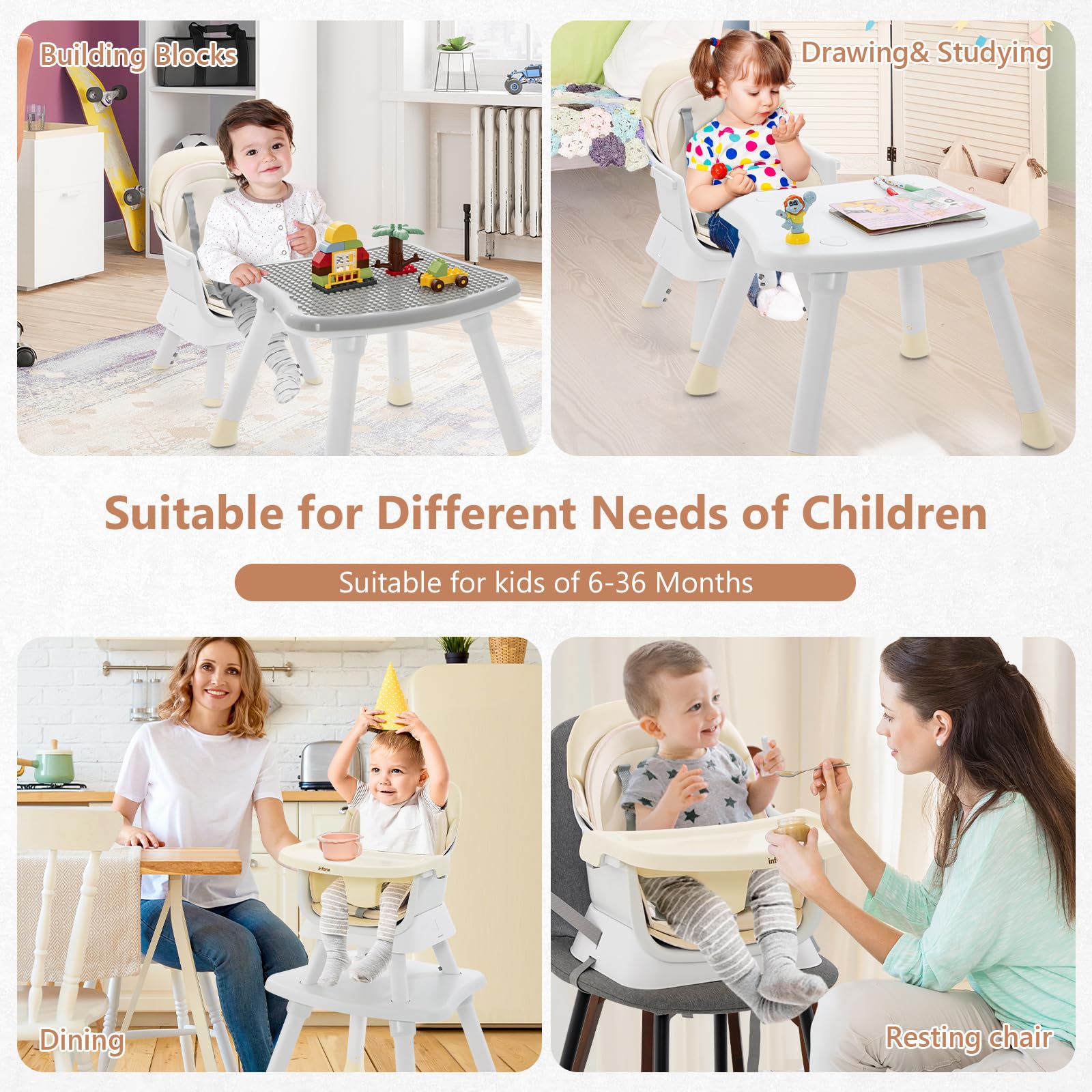 INFANS 8-in-1 Convertible Baby High Chair for Infants & Toddlers - Adjustable Dining Booster Seat, Building Block Activity Table, Kids Stool & Chair Set with Removable Tray | Perfect for Feeding, Playtime & Learning at Home or Daycare