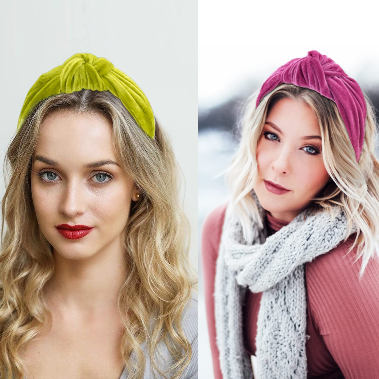 BEGOOD Women's Knotted Wide Headbands 2-Pack - Velvet Hair Accessories for Women & Girls (Rose & Green) - Perfect for Workouts, Yoga, Fashion & Everyday Wear