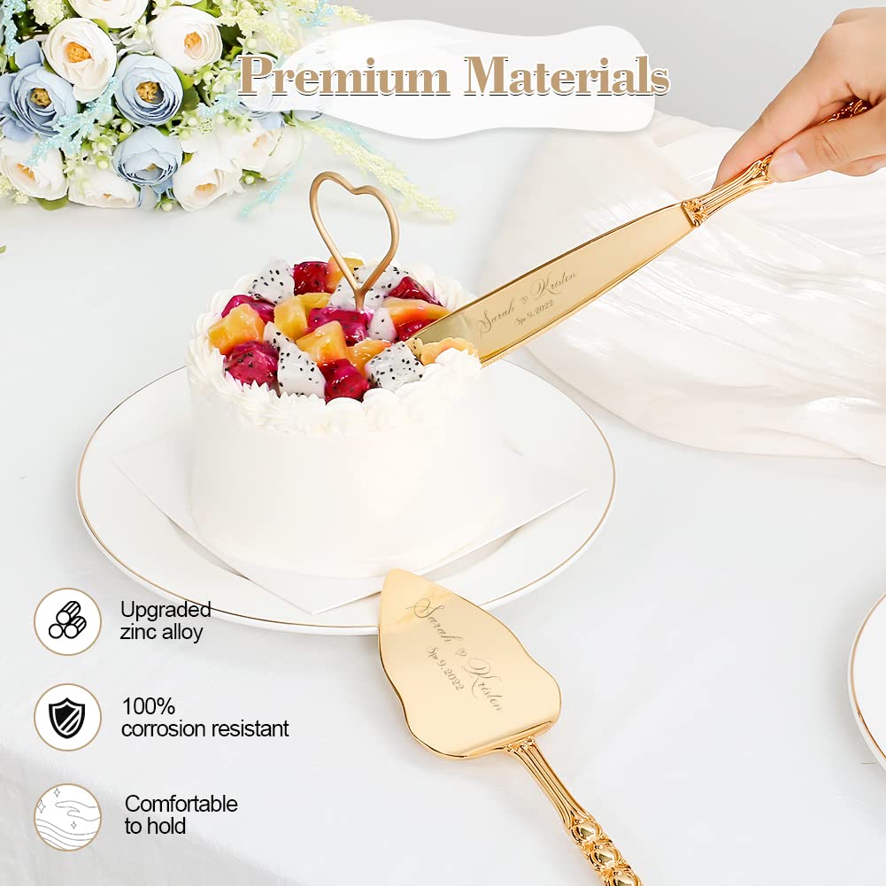 Personalized Gold Cake Knife and Server Set - Wedding Cake Cutting Set, Custom Engraved Pastry Pie Server & Pizza Cutter - Perfect Birthday Gift for Cake Lovers (with Bow) - Ideal for Weddings, Anniversaries, and Special Celebrations
