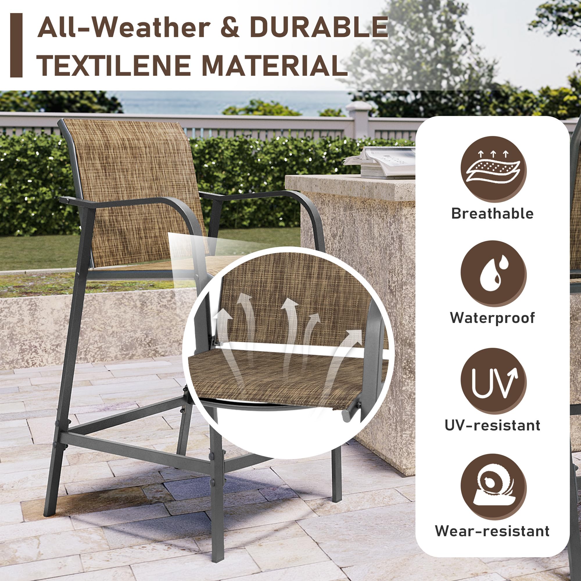 2-Pack Outdoor Metal Bar Stools - Counter Height Steel Patio Chairs with Textilene Seat, Armrest & Footrest - Lightweight Brown Bar Stools for Backyard, Deck, Poolside & Garden Use