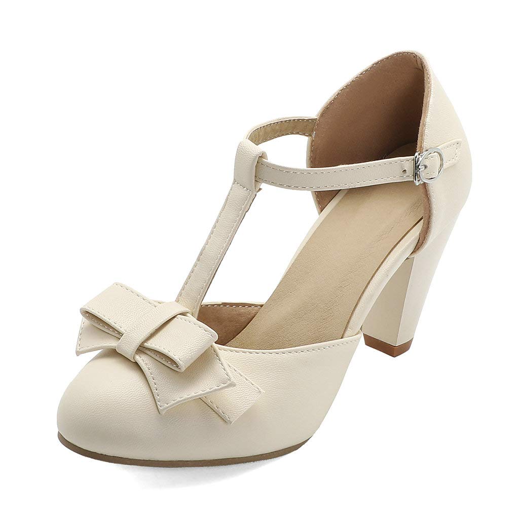 Shinelly Women's Rockabilly Style T-Strap Mary Jane Pumps with Bow Accent - 3 Inch Cone Heel, Round Toe Vintage Shoes for Retro Parties, Swing Dancing & Pinup Fashion