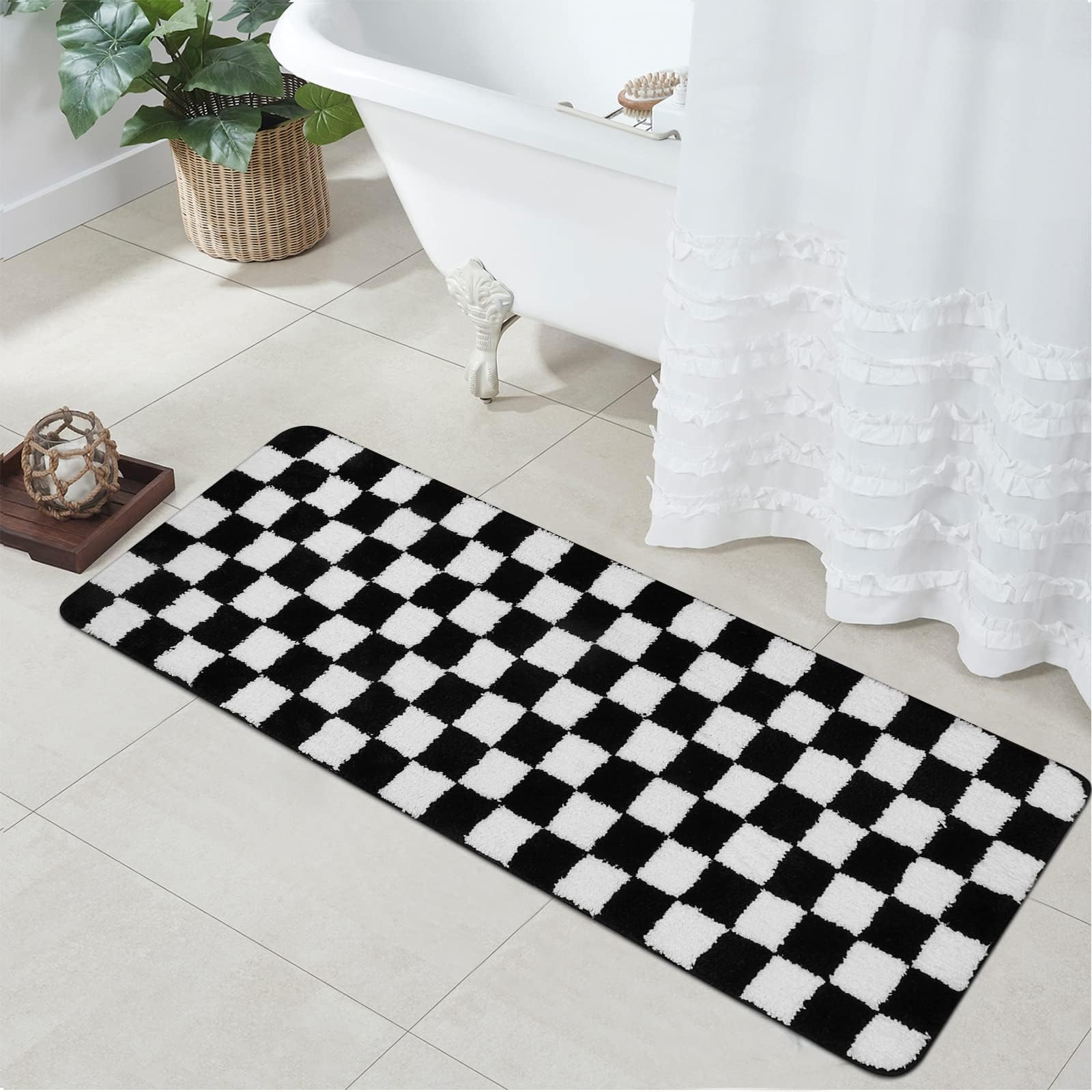 Uphome Black and White Checkered Bathroom Runner Rug - 18x47 Inch Non-Slip Machine Washable Bath Mat, Soft Water Absorbent Microfiber Shower Rug for Tub, Shower & Bathroom Floor - Perfect for Modern Bathrooms and Spa-Like Showers