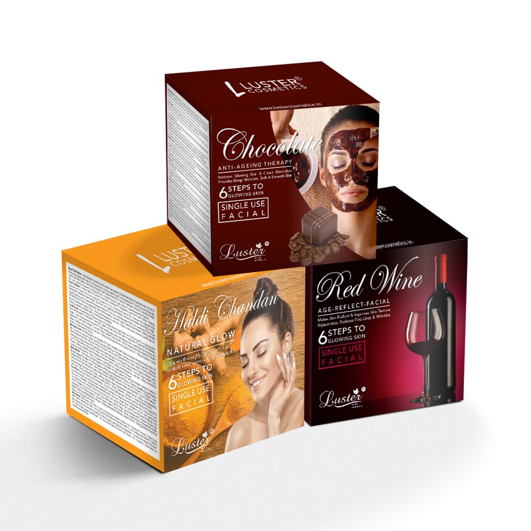 Luster Chocolate & Haldi Chandan & Red Wine Facial Kit - Single Use Mini Facial Kit for Women & Men | Paraben & Sulfate Free (40g Each) | Spa Day, Travel Skincare, Quick Glow Boost