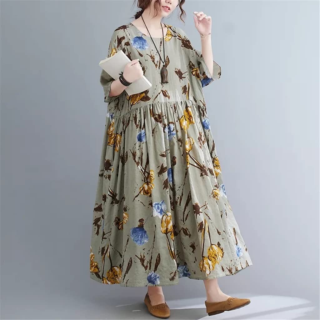 Vintage Floral Print Short Sleeve Maxi Dress - Soft Cotton Loose Summer Dress for Women, Casual Travel Beach Dress (One Size) | Perfect for Vacation, Beach Outings & Summer Parties