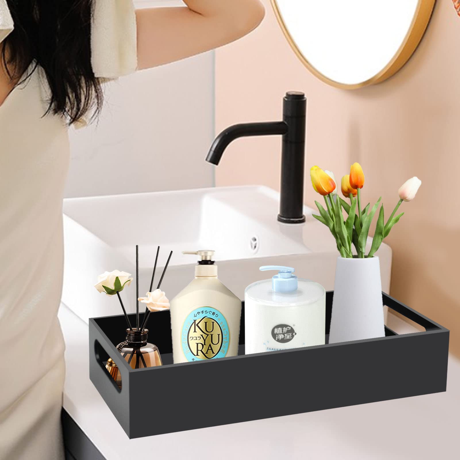 Tasybox Acrylic Toilet Paper Holder with Storage - Black Bathroom Vanity Tray with Handles, Toilet Tank Organizer for Home Decor | Perfect for Small Bathrooms & Space-Saving Storage Solutions