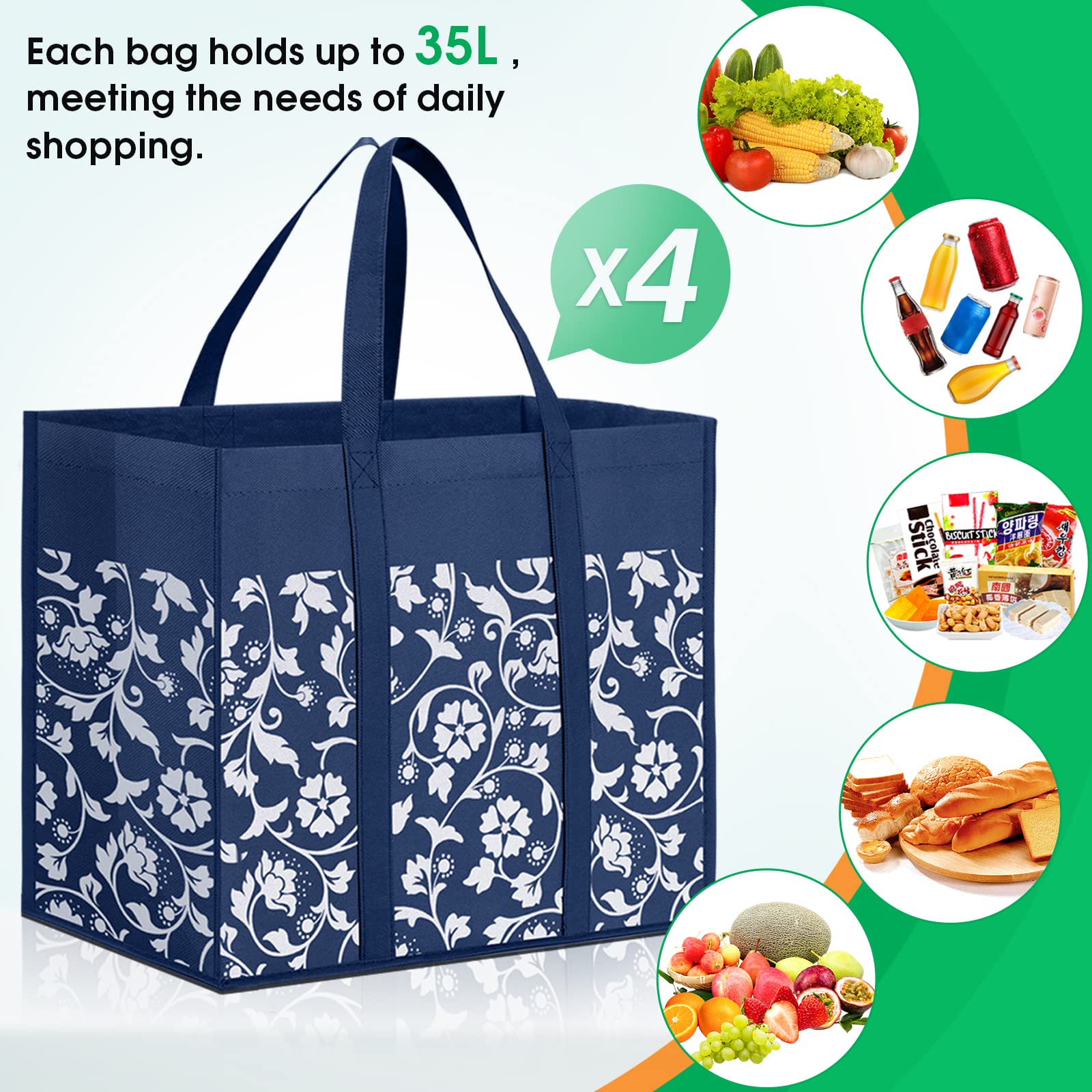 Eco-Friendly Reusable Grocery Bags - Heavy Duty Foldable Tote Bags with Reinforced Handles & Waterproof Coating (4-Pack, Blue) - Perfect for Shopping, Groceries, Picnics & Beach Trips