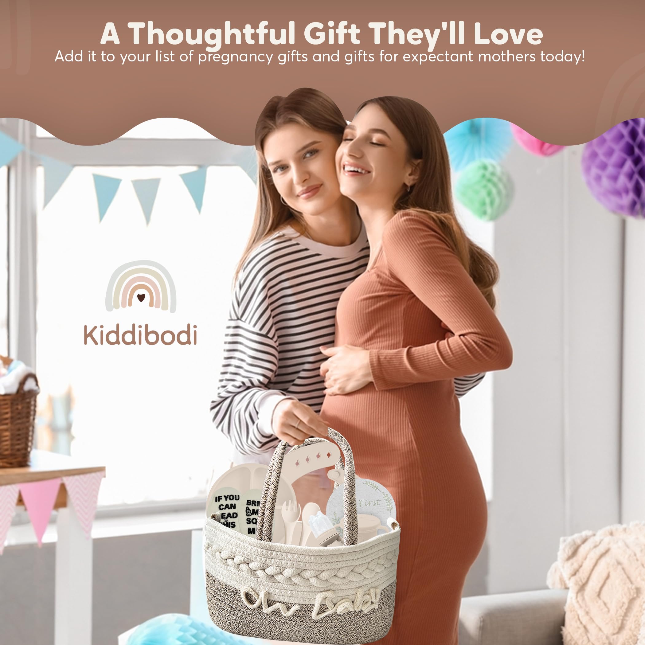 Kiddibodi® Baby Shower Gift Basket Set for Newborns - Gender Neutral Silicone Feeding Essentials with Suction Plate, Bib, Spoon, Sippy Cup & Pacifier Feeder in Natural Rope Basket - Perfect New Mom Gift for Birthdays, Showers and First Feedings