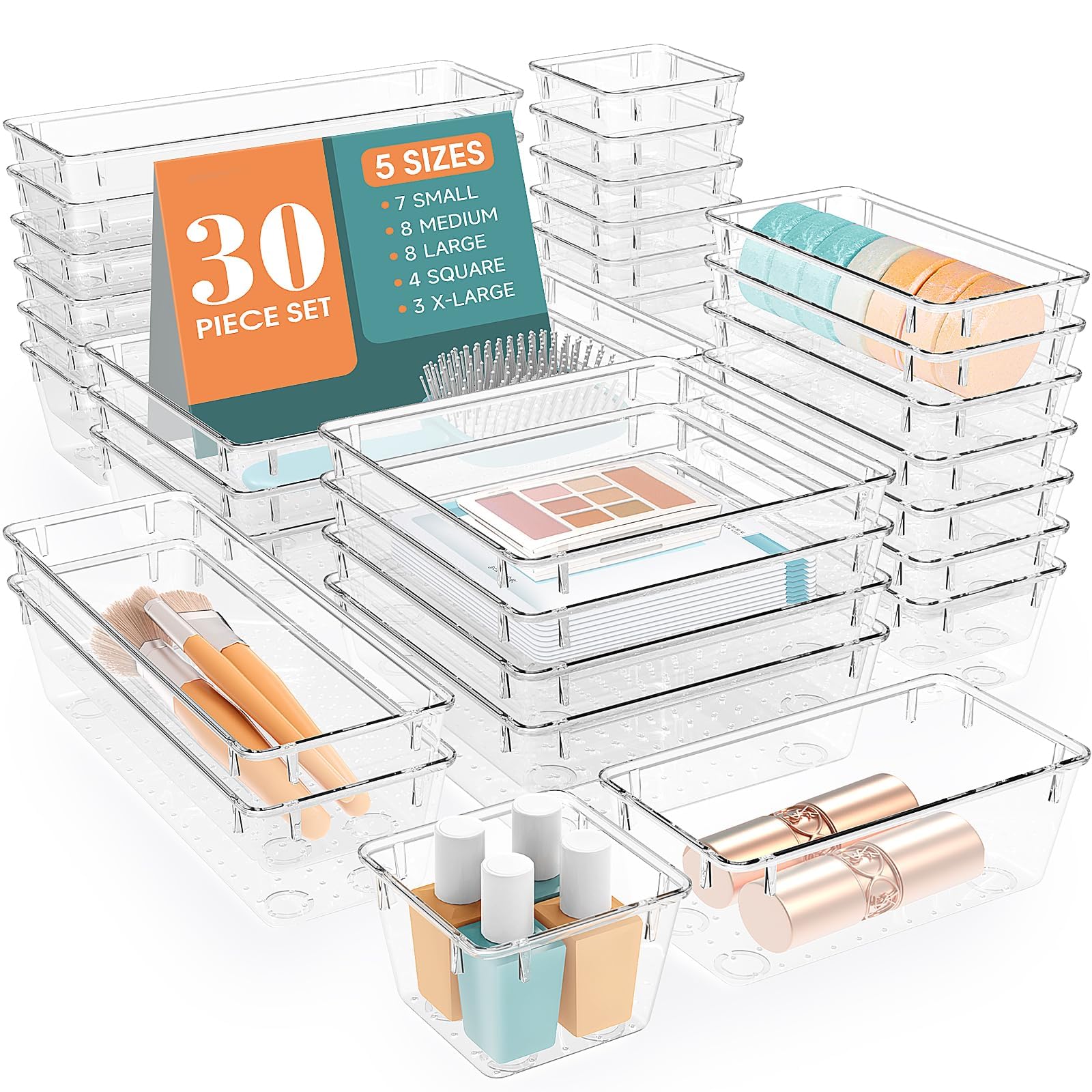 WOWBOX 30-Piece Clear Plastic Drawer Organizer Set - 5 Sizes for Makeup, Jewelry & Gadgets Storage | Perfect for Kitchen, Bedroom, Bathroom & Office Organization | Space-Saving Drawer Dividers & Storage Bins