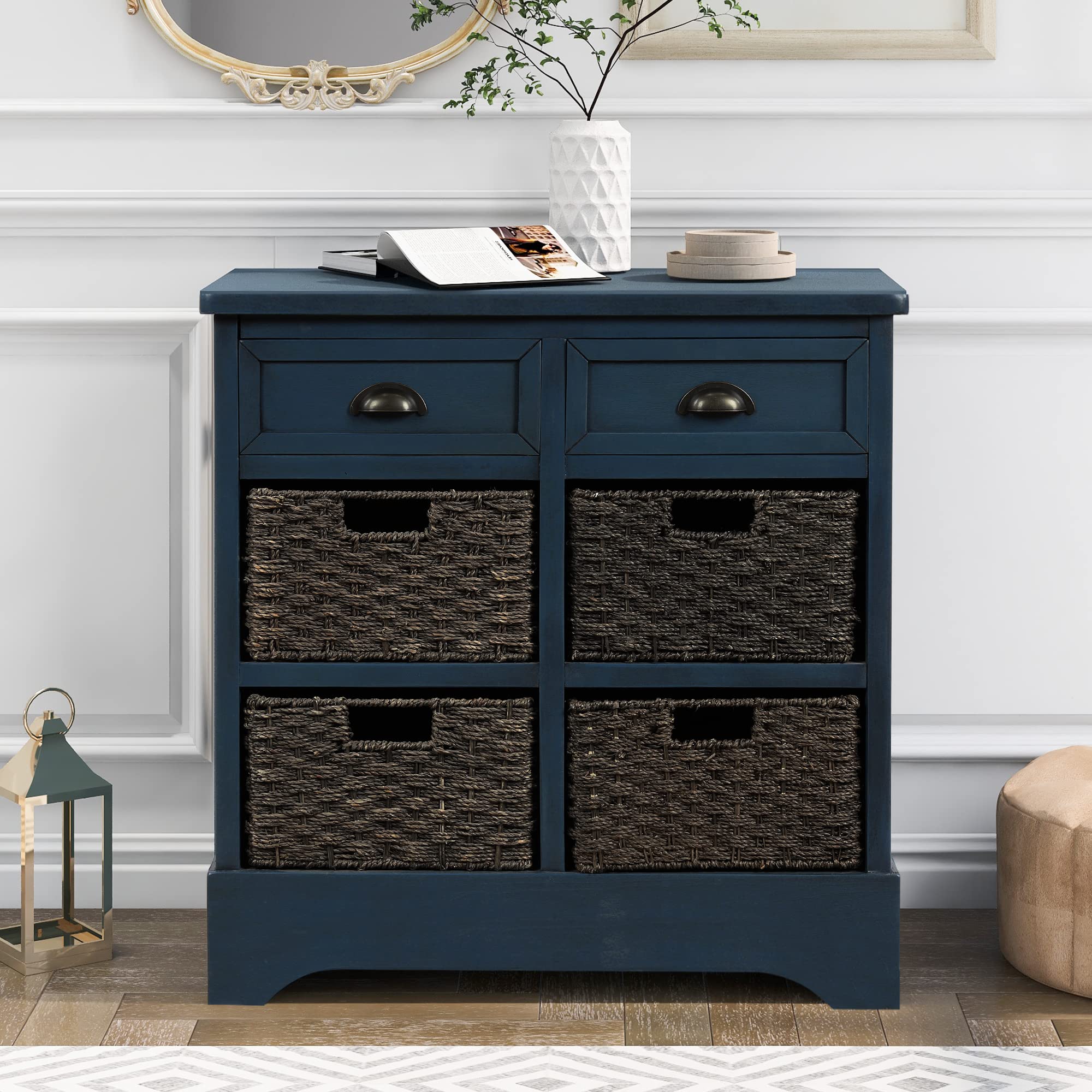 Antique Navy Console Table Sideboard Buffet with 2 Drawers & 4 Wicker Baskets - Storage Cabinet for Kitchen, Living Room & Dining Room - Perfect for Home Decor, Entryway Organization & Farmhouse Style Accent Furniture