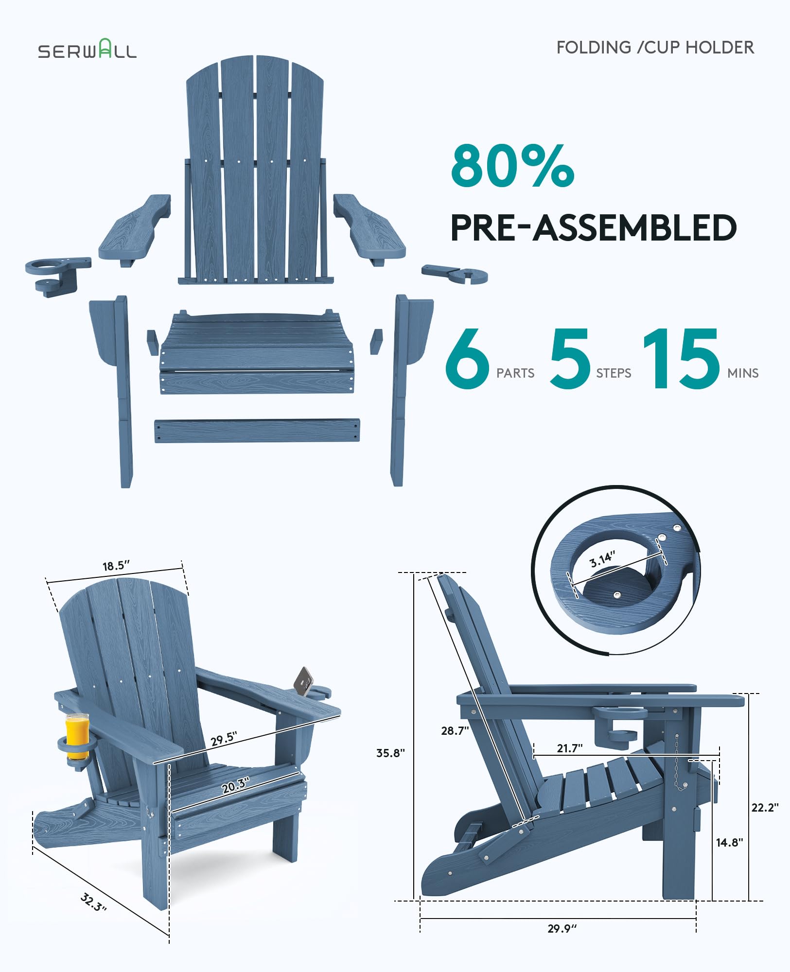 SERWALL Folding Adirondack Chair Set of 4 - HDPE Plastic Outdoor Patio Furniture with Real Wood Look - Navy Blue - Perfect for Backyard, Poolside, and Garden Relaxation