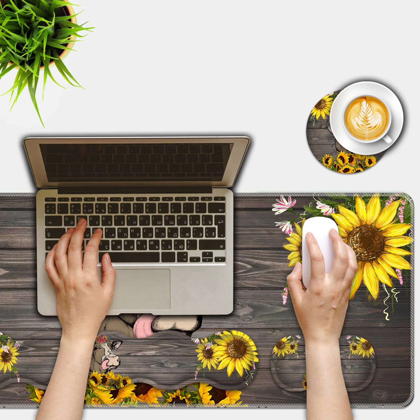 Premium Mouse Pad Set - 31.5×11.8 Inch Large Desk Mat with Keyboard & Mouse Wrist Rest Support, Non-Slip Base, Cute Cow & Sunflower Design for Office, Home, Computer & Laptop - Perfect for Work, Gaming & Daily Computing Tasks