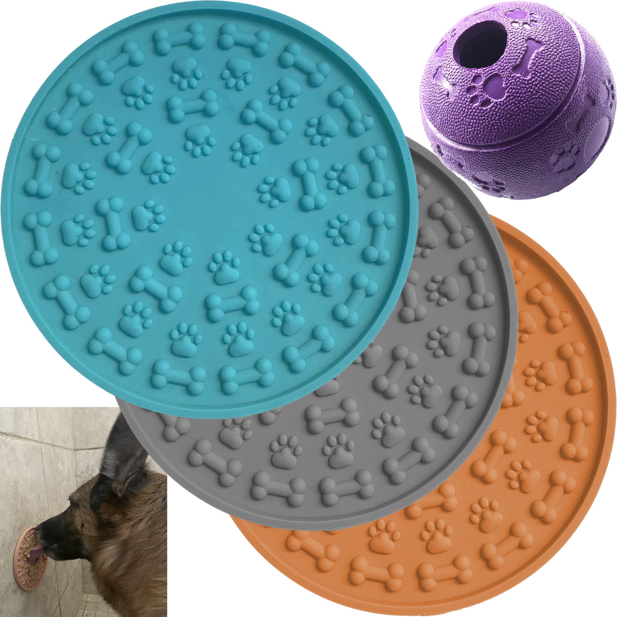 JALOUSIE Slow Feeder Puzzle for Dogs and Cats - 3 Lick Mats & Bonus Food Dispensing Ball - Reduce Anxiety & Boredom - Slow Feeding Treats for Yogurt, Peanut Butter - Perfect for Mealtime, Travel & Training Sessions