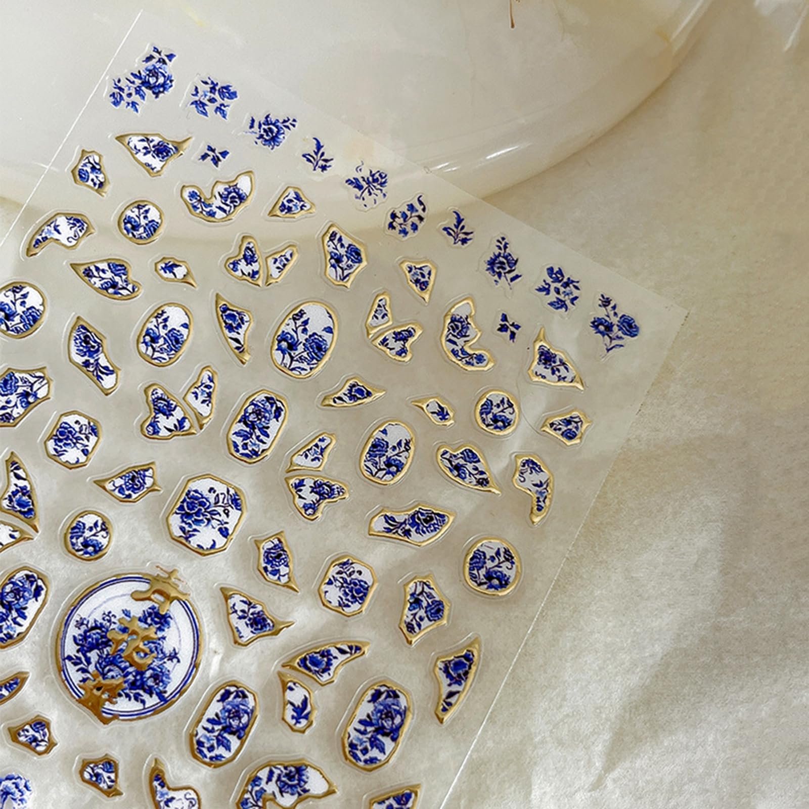 Blue and White Porcelain Nail Stickers - Chinese Style Floral Nail Art Decals with Adhesive Backing, Small Flower French Manicure Supplies, Irregular Bronzing Nail Decor for DIY Nail Design | Perfect for Wedding, Party, and Special Occasion Nail Art