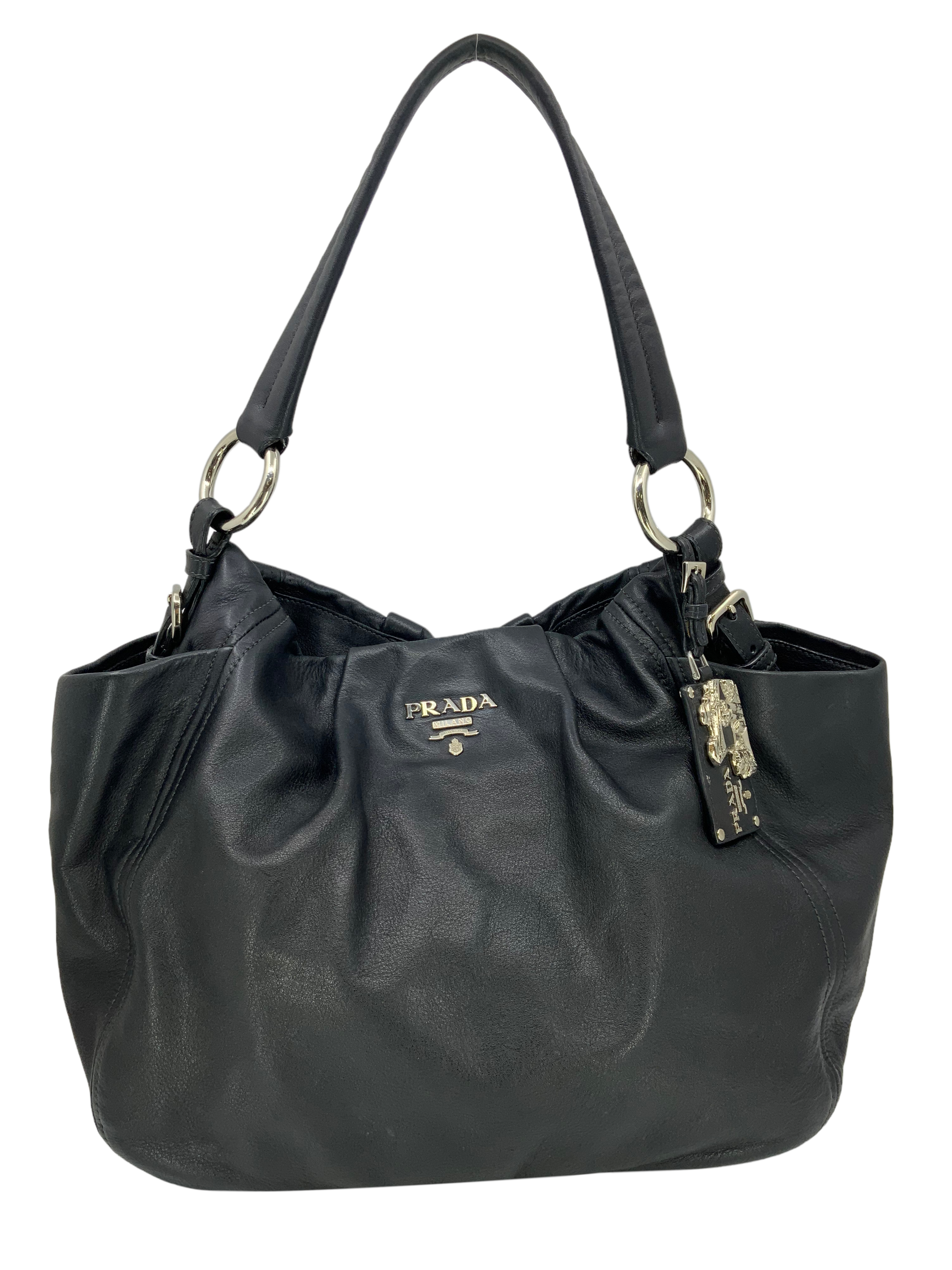Prada Calfskin Leather Hobo Bag with Side Pocket - Luxury Shoulder Bag for Women, Perfect for Work, Travel & Everyday Use