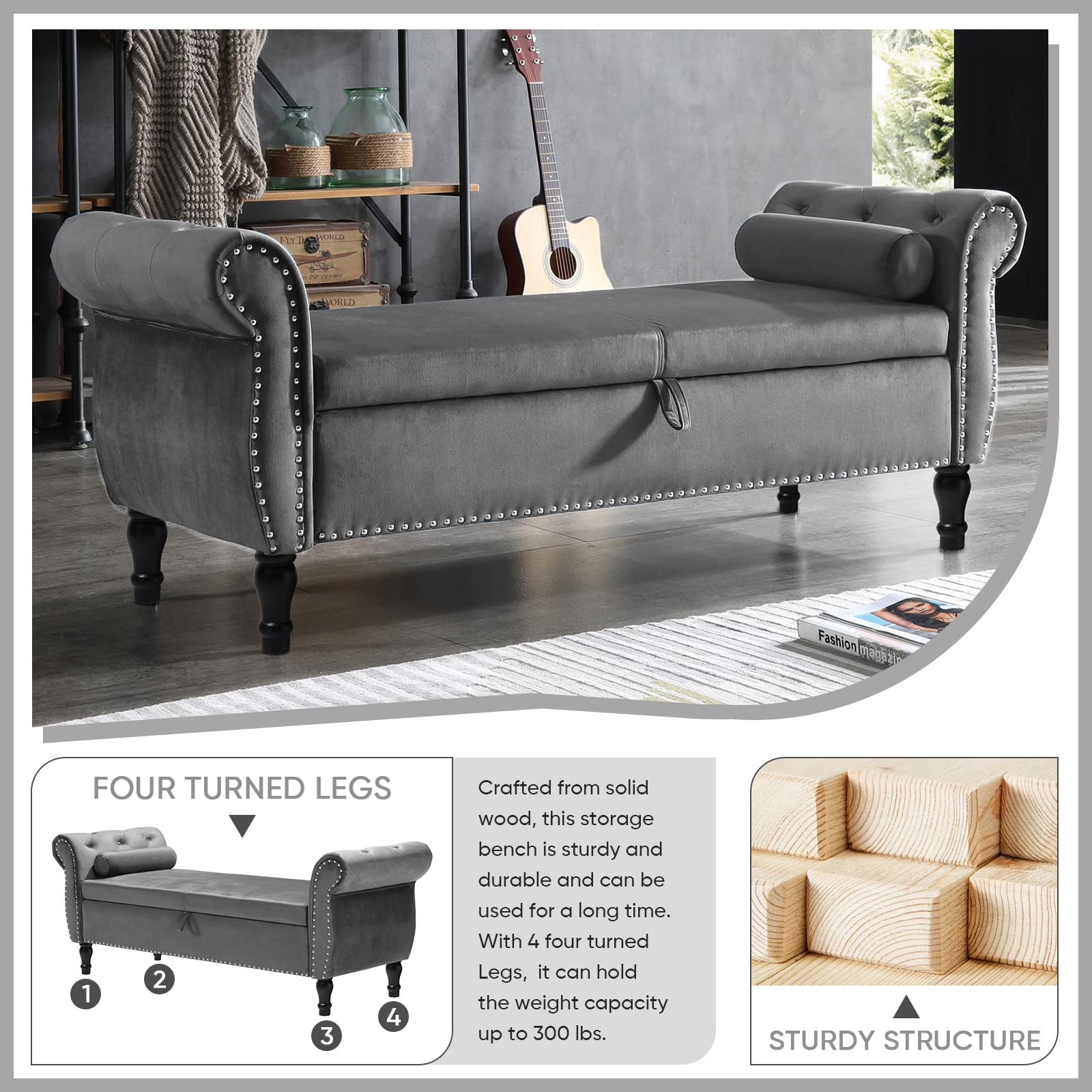 Velvet Storage Ottoman Bench - Mid Century Tufted Upholstered Bench with Hidden Storage & Toss Pillow | Small Foot of Bed Bench for Bedroom, Entryway, Hallway & Living Room | Perfect for Extra Seating & Home Organization (Gray)