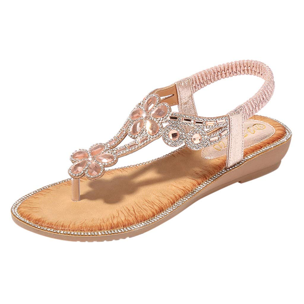 Bohemian Crystal Flower Sandals for Women - Casual Summer Flat Sandals with Bling for Beach, Vacation & Home Use