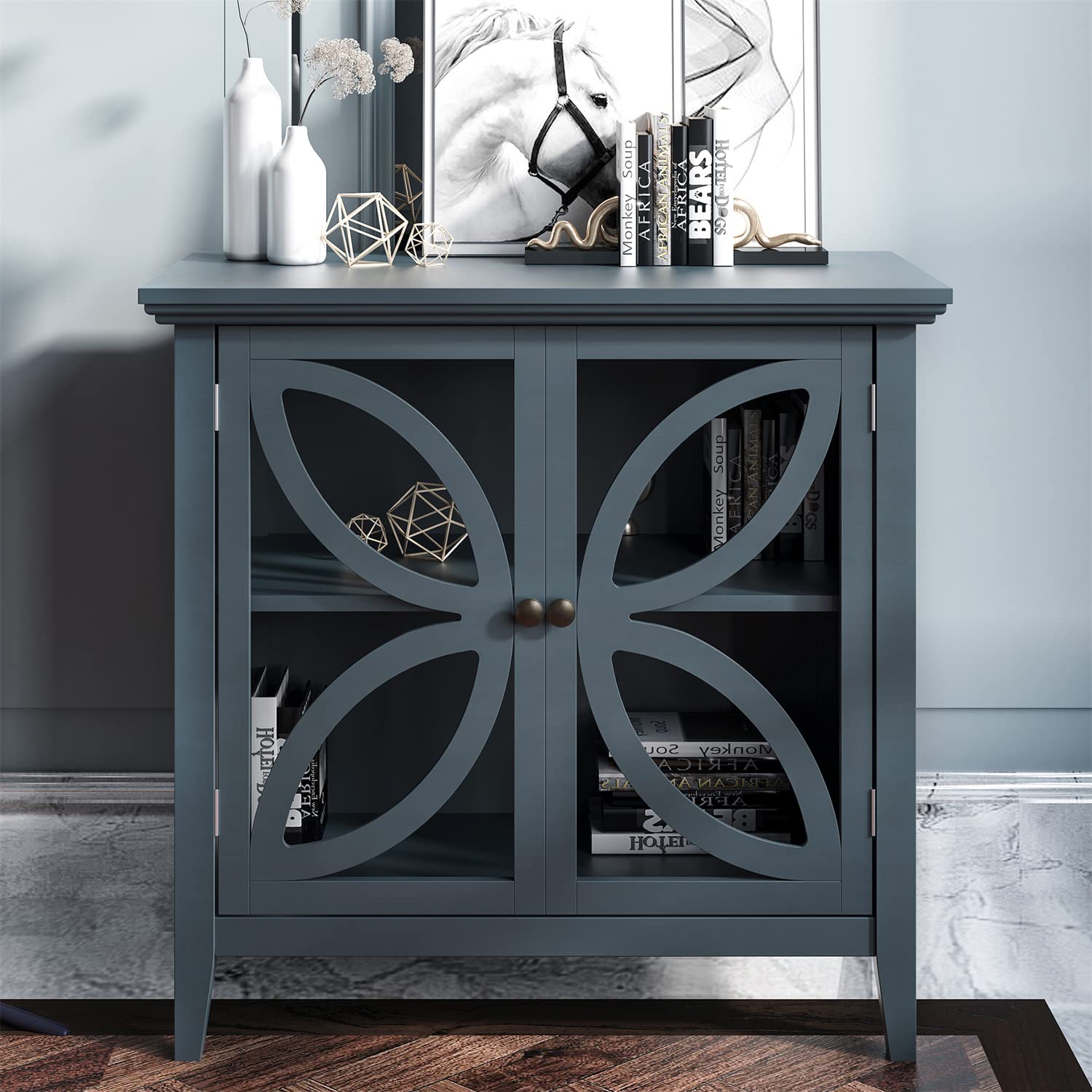 Modern Wooden Accent Storage Cabinet with Transparent Glass Doors - Buffet Sideboard for Entryway, Living Room & Bedroom - Perfect for Displaying Decor, Storing Linens or Organizing Dining Essentials