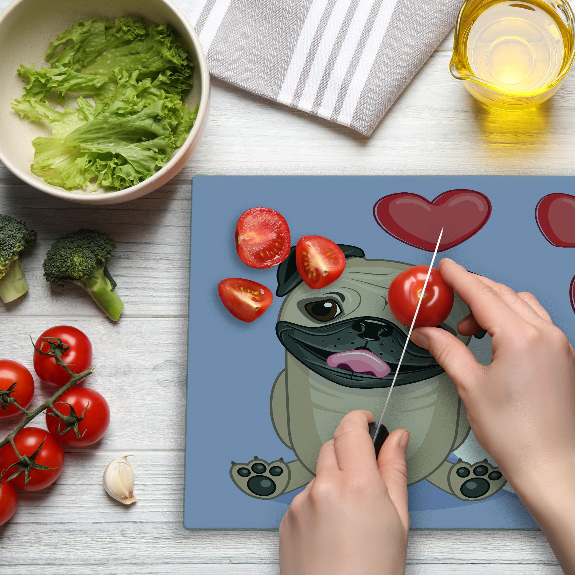 Ambesonne Pug Themed Tempered Glass Cutting Board - Happy Dog Licking Lips with Red & White Hearts Design - Large Decorative Serving Board for Kitchen & Dining - Perfect for Cheese, Charcuterie & Party Platters (Pale Brown Red)