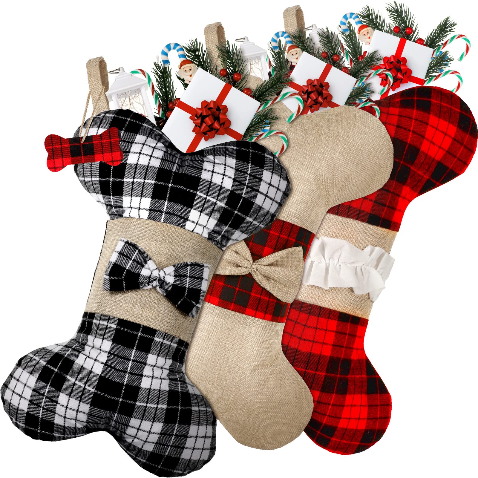 Frienda 3-Piece Buffalo Plaid Christmas Stockings for Dogs - 16.5x10 Inch Red & Black Burlap Pet Stockings with Bone Design - Large Hanging Xmas Tree Decorations for Pets (Classic Style) - Perfect for Holiday Pet Photos & Christmas Morning Surprises