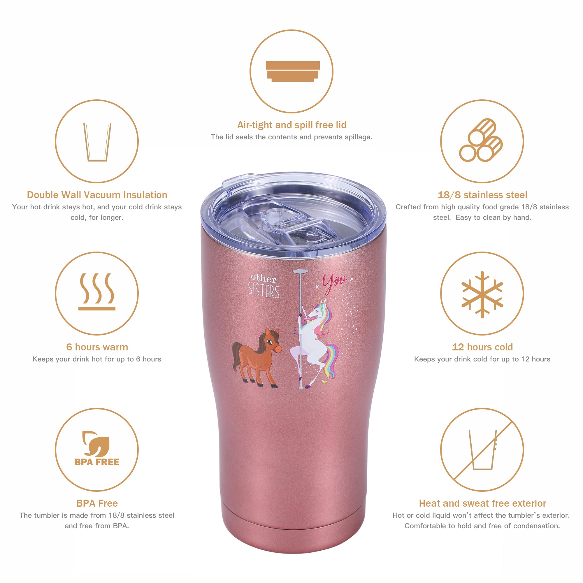Shamone Unicorn Sister Tumbler 20oz - Insulated Stainless Steel Cup with Lid, Straw & Cleaning Brush - Funny Birthday & Christmas Gift for Sister (Rose Gold) - Perfect for Coffee, Tea & Cold Drinks at Work, School or Home