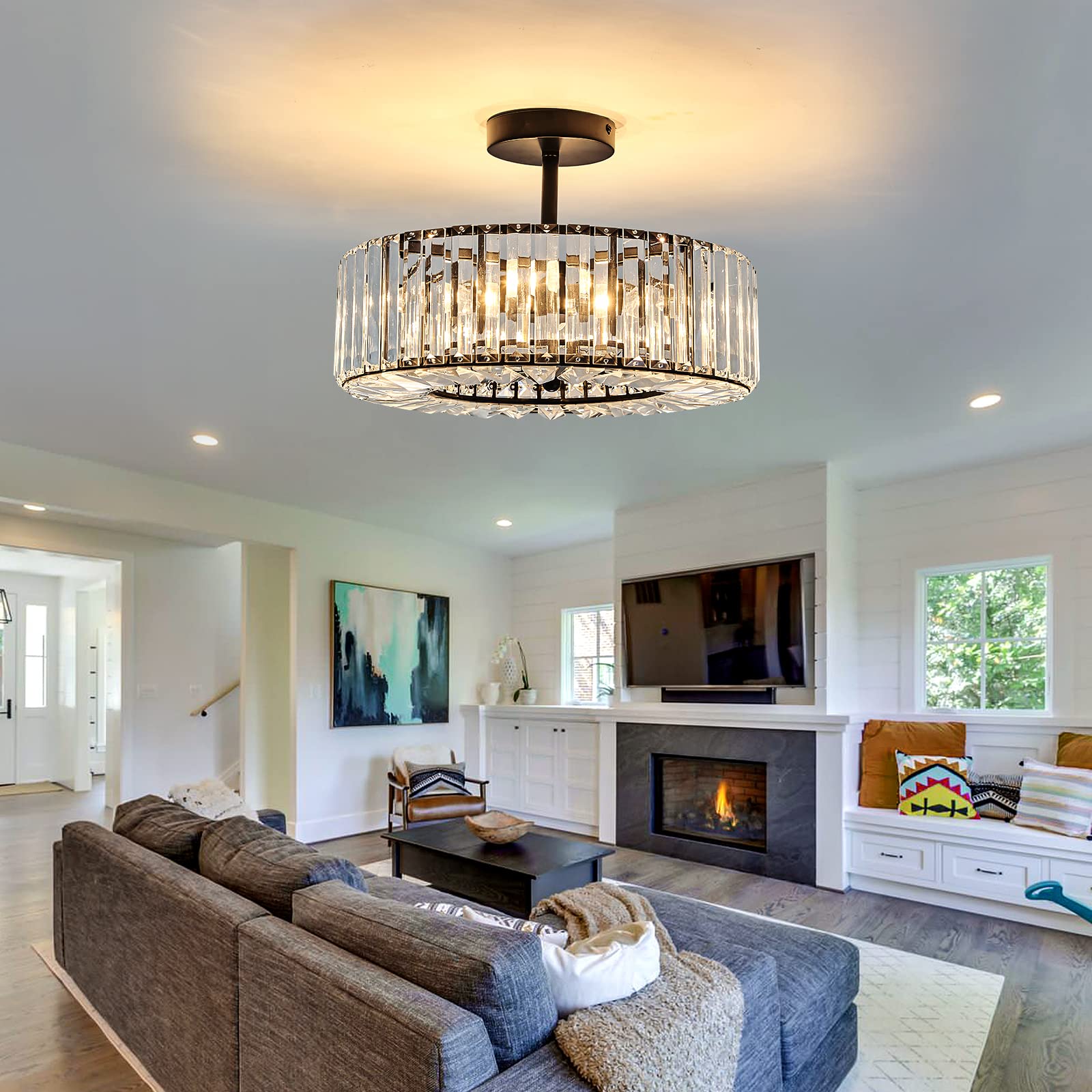 4-Light Modern Crystal Chandelier - Black Round Semi-Flush Mount Ceiling Light Fixture - Farmhouse Style Lighting for Dining Room, Living Room, Bedroom, Hallway, Entryway & Kitchen - Perfect for Home Decor, Wedding Venues and Restaurants