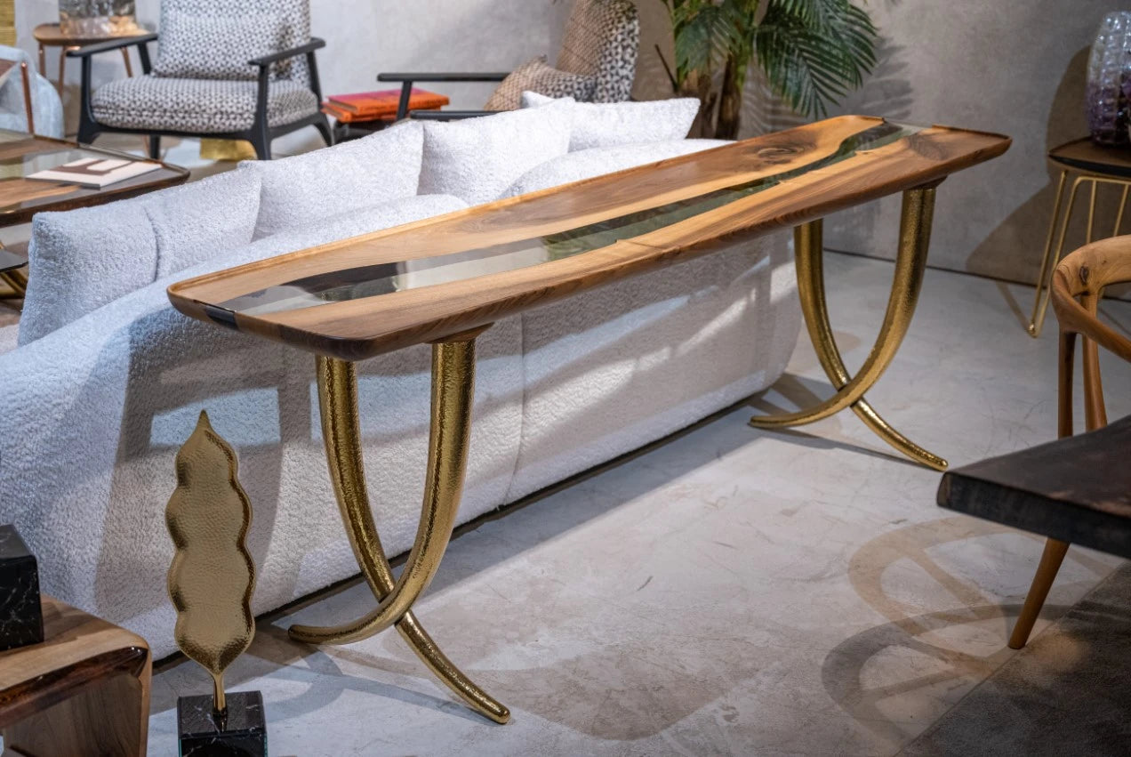 Handcrafted Walnut Wood Epoxy Resin Sofa & Console Table - Ivory Collection | Modern Living Room & Entryway Furniture for Stylish Home Decor