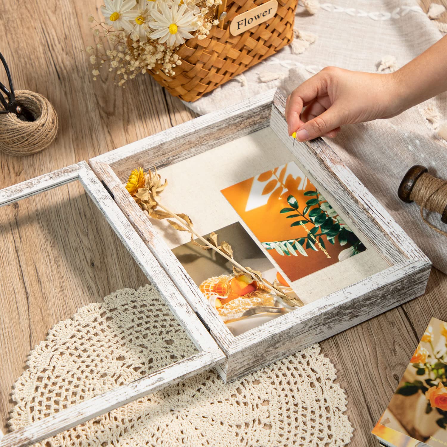 Califortree 8x10 Shadow Box Frame with Linen Back - Real Glass, Push Pins Included, Sturdy Rustic Memory Display Case, Distressed White - Perfect for Wedding Invitations, Baby Keepsakes & Military Memorabilia