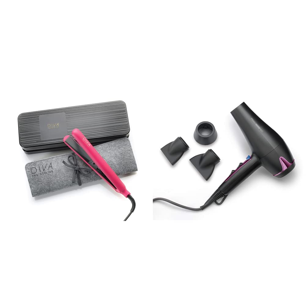 Diva Pro Digital Hair Straightener & Styler with Macadamia, Argan Oil & Keratin Infused Ceramic Plates - Magenta | Professional Hair Dryer 3000W Pink | Salon-Quality Styling Tools for Smooth, Shiny Hair at Home or Travel
