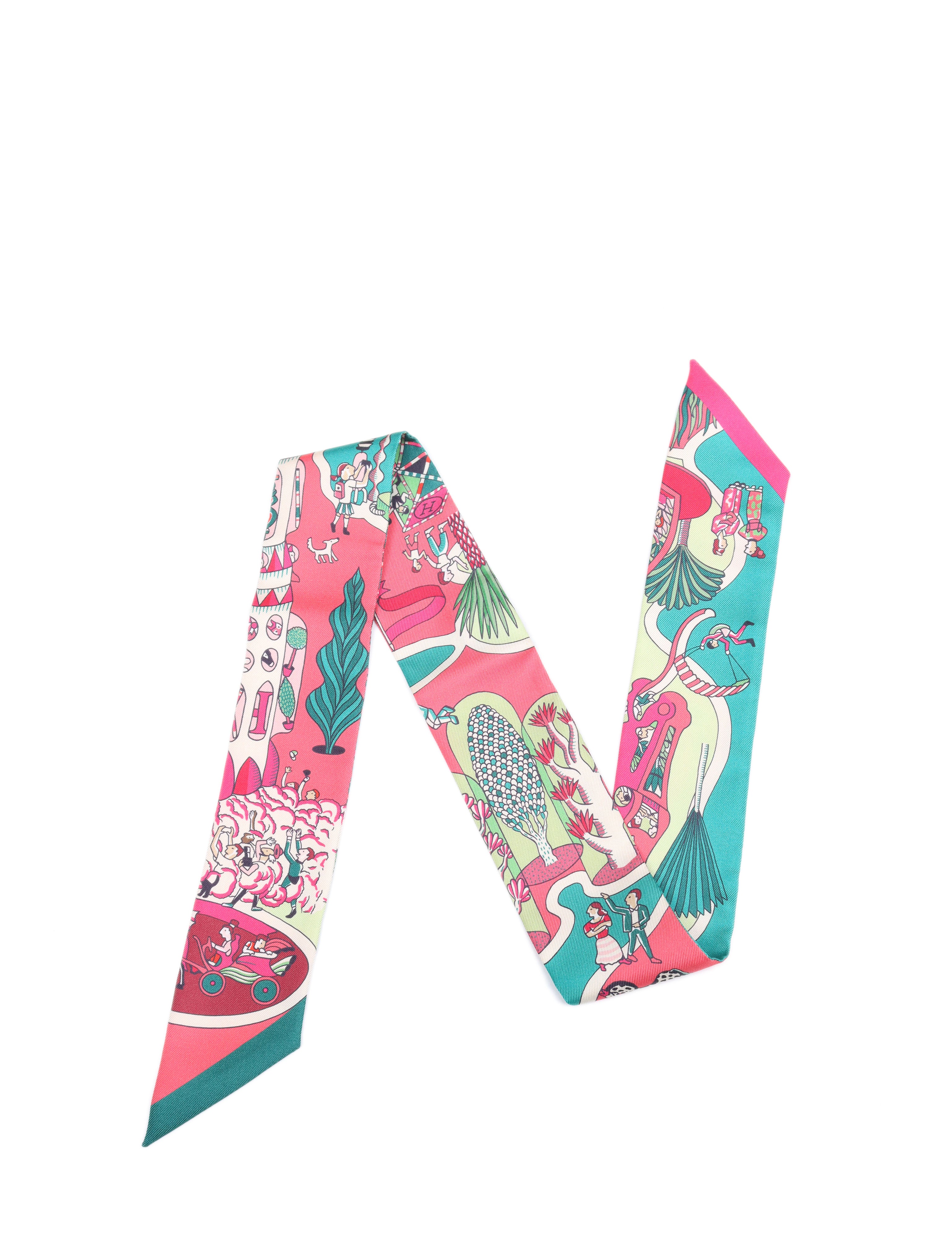 Hermes Silk Twilly Scarf - Pink and Green Floral Print - Luxury Fashion Accessory for Women - Perfect for Handbags, Hats & Gift Giving