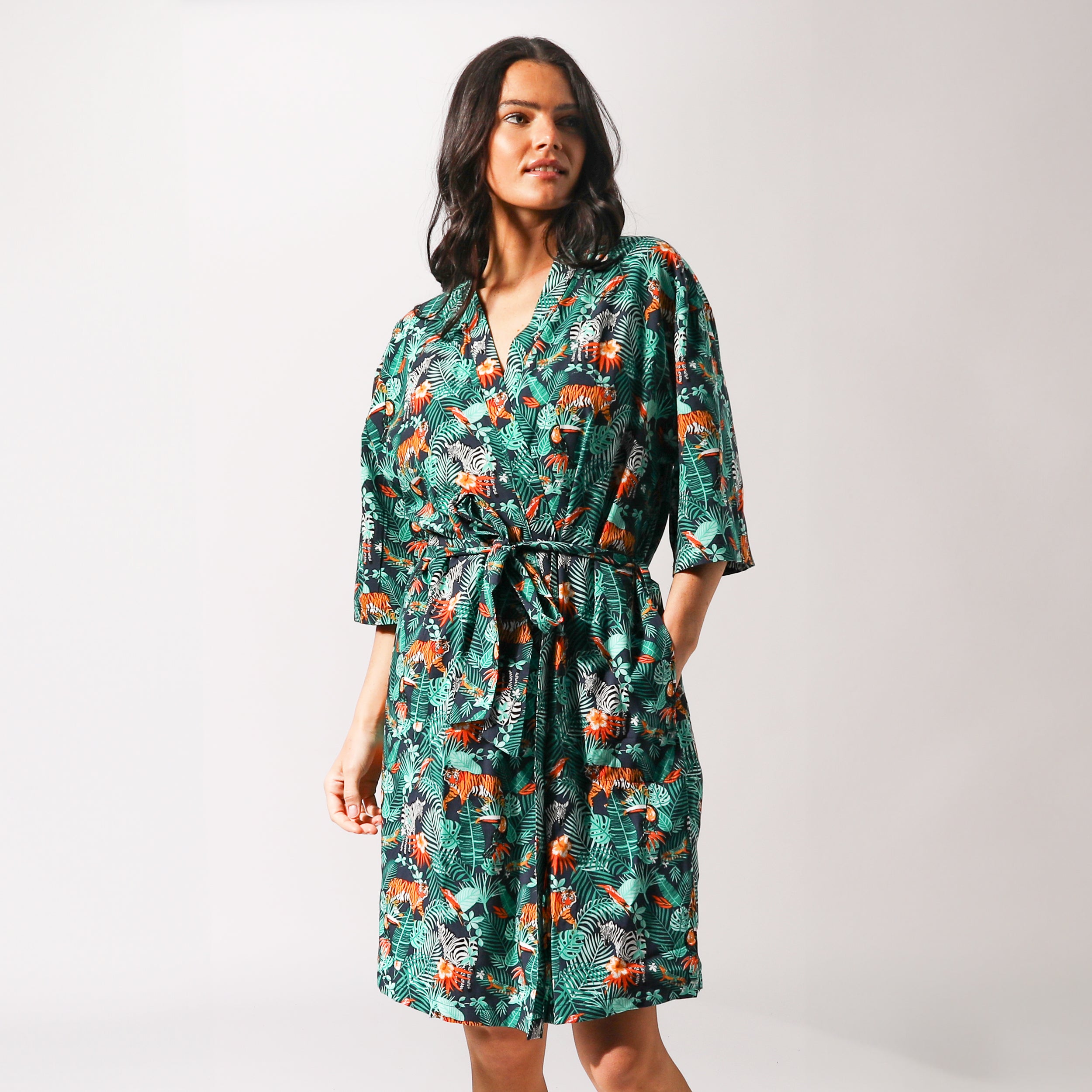 Women's Dark Jungle Woven Robe - Soft Green Loungewear for Spa, Yoga & Relaxation at Home