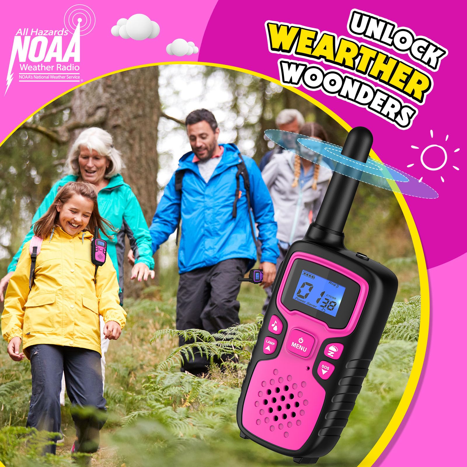 **Wishouse Kids Walkie Talkies Rechargeable - Long Range 2-Way Radios for Boys & Girls Ages 4-9, Perfect for Hiking, Camping & Outdoor Adventures - Includes NOAA Weather Alerts, SOS Siren, Flashlight & Lanyards - Great Christmas/Birthday Gift (2 Pack)**