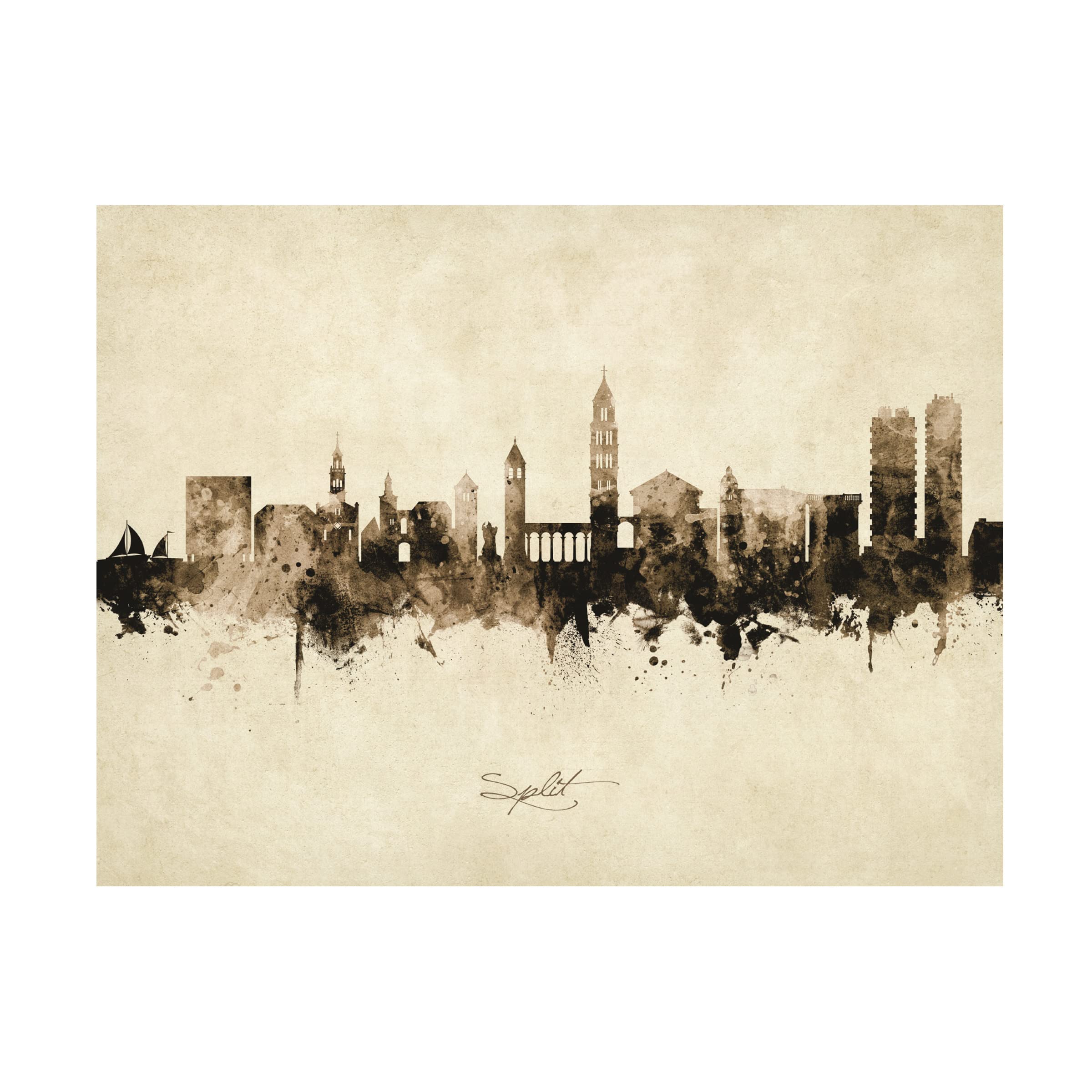 Michael Tompsett Split Croatia Skyline Vintage Canvas Art Print - Coastal Wall Decor for Living Room, Bedroom & Office - Trademark Fine Art Collection