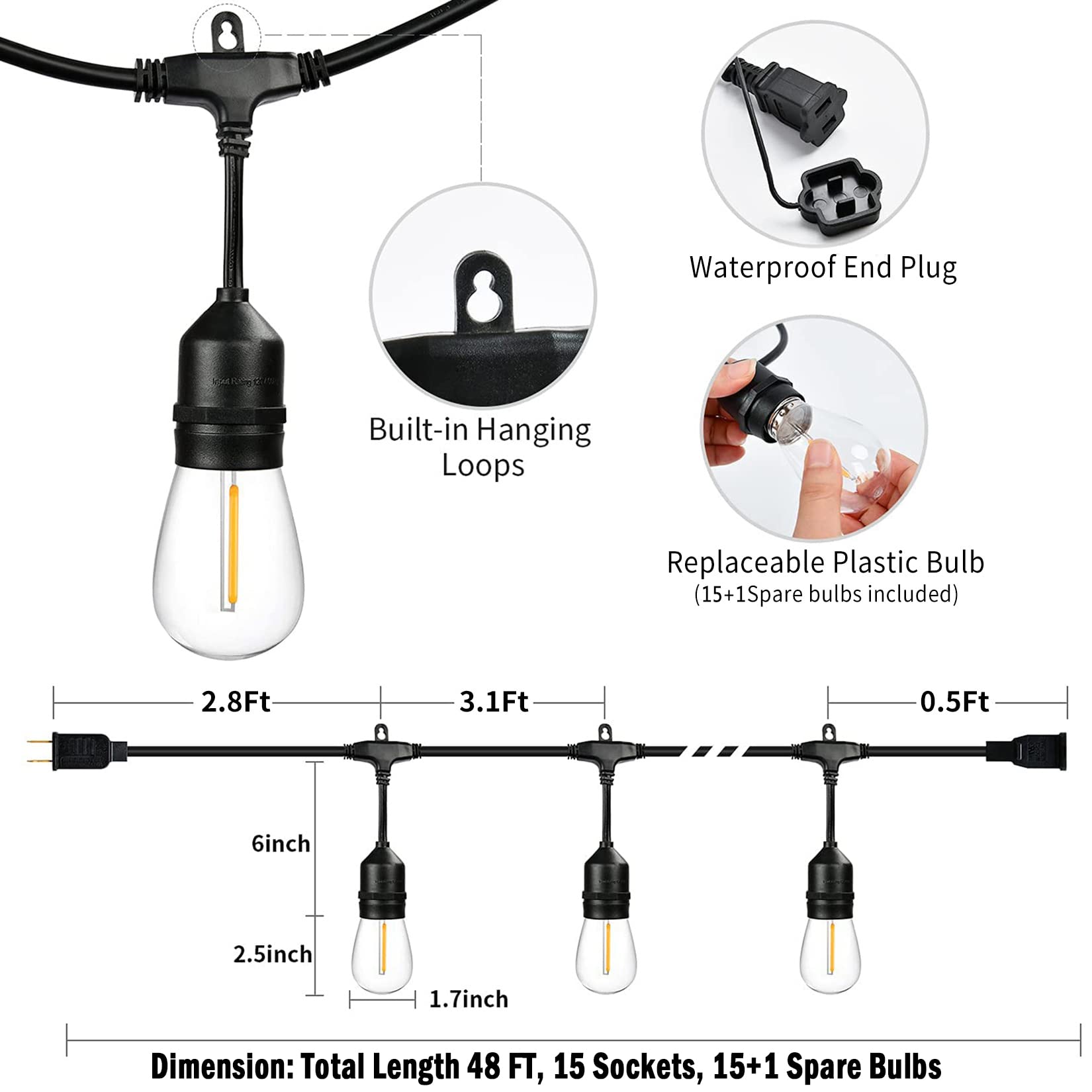 48FT Outdoor LED String Lights - Heavy-Duty Waterproof Patio Lights with 16 Shatterproof Plastic Bulbs (2200K Warm White) for Backyard, Garden, Gazebo, Pergola, Cafe, Bistro - Perfect for Outdoor Dining, Wedding Decor & Commercial Lighting