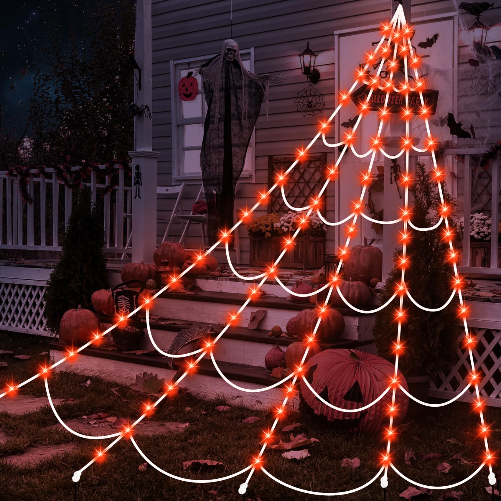 150 LED Halloween Spider Web Lights - 16.4 Ft Giant Lighted Web Decor with 8 Lighting Modes, Waterproof & Timer for Outdoor Indoor Yard, Haunted House, Party Decorations (Orange) - Perfect for Halloween, Fall Festival, and Spooky Themed Events