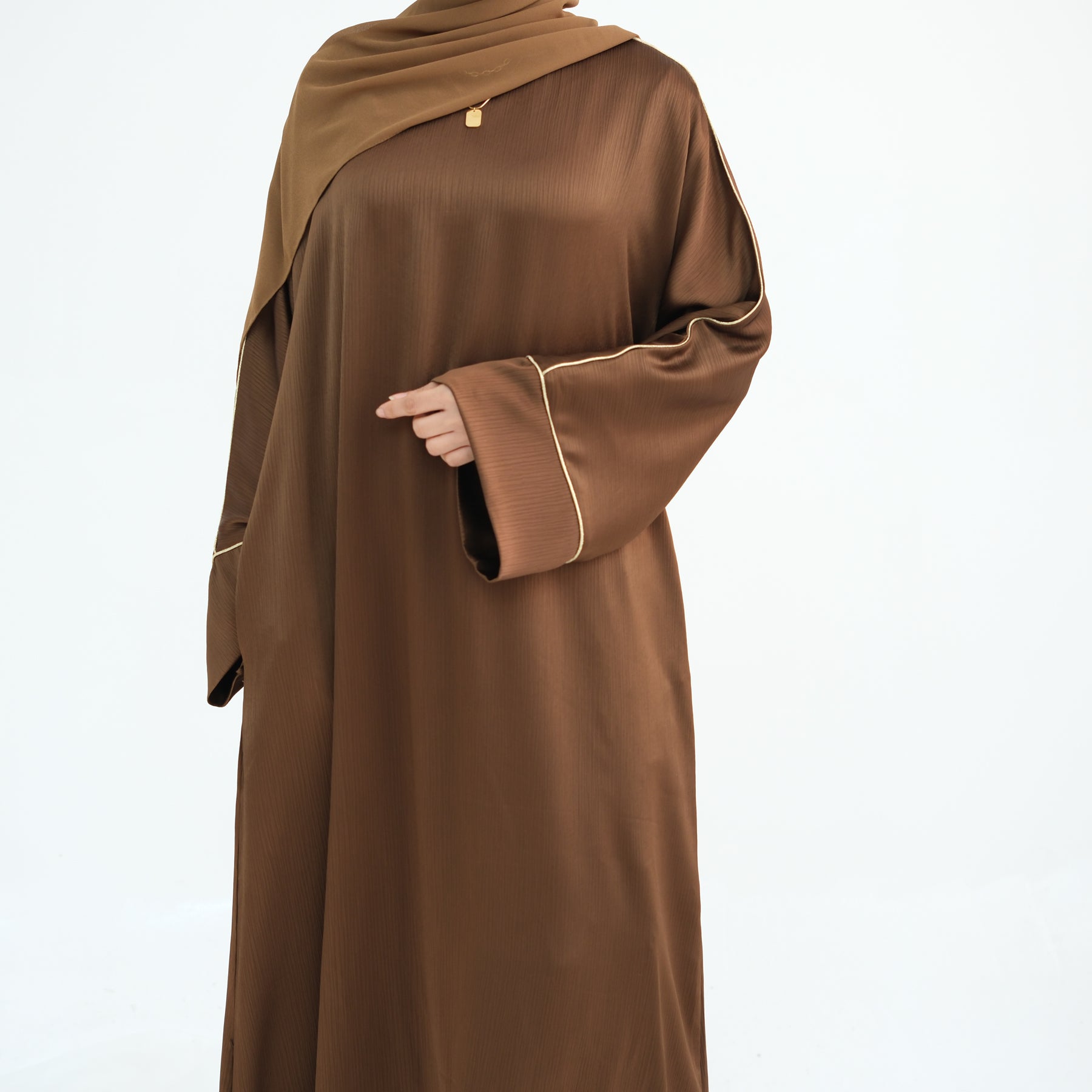 Elegant Ayana Textured Piping Detail Abaya Dress - Bronze Color for Women | Perfect for Islamic Prayer, Mosque Visits & Special Occasions