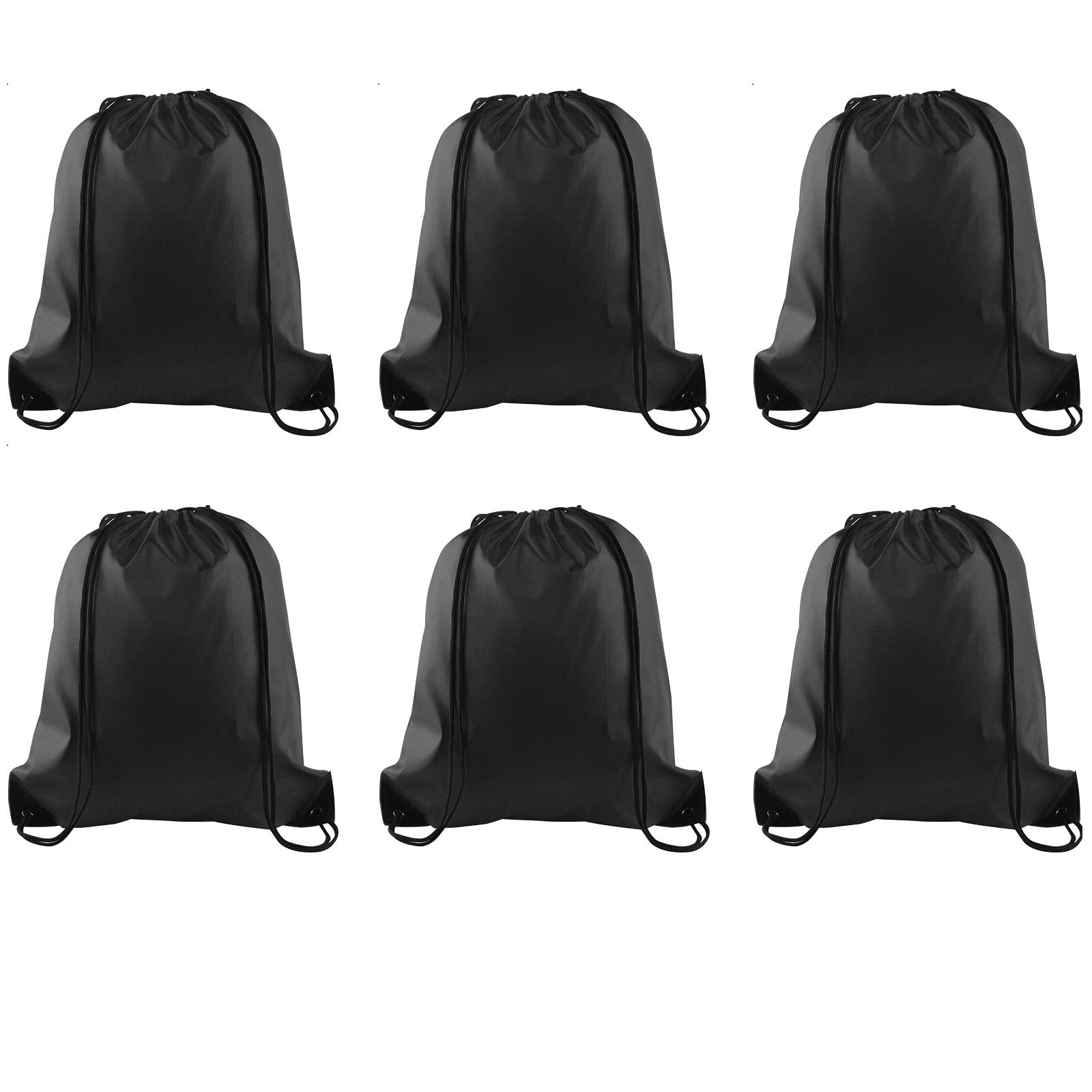 PLULON 6-Pack Black Drawstring Backpacks - Reusable Cinch Sacks for Gym, Yoga, Travel & Outdoor Sports | Lightweight & Durable String Bags for School, Beach, Camping & Fitness Activities