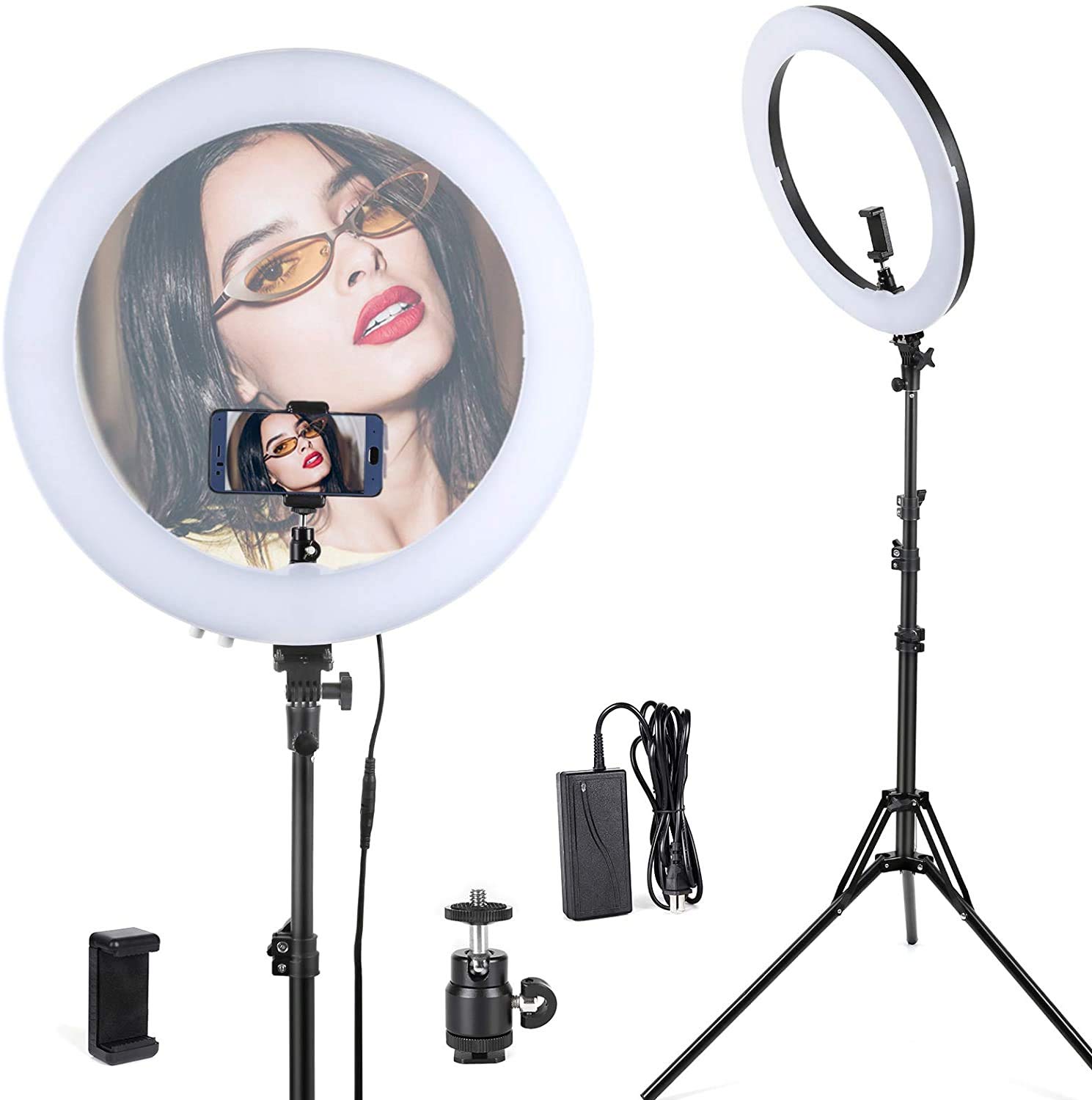 18 Inch LED Ring Light with Stand & Phone Holder - 60W Dimmable 5600K Selfie Light for Makeup, YouTube Videos, Live Streaming & Photography (US Plug) - Perfect for Content Creators, Beauty Vloggers & Home Studios