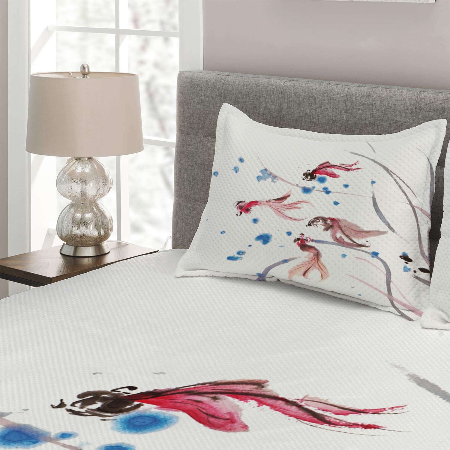 Ambesonne Ethnic Coverlet Set - Chinese Traditional Ink Painting Koi Fish Design, 3-Piece Quilted Bedspread with 2 Pillow Shams, King Size, Red & Blue - Perfect for Asian-Themed Bedrooms, Zen Decor, or Cultural Home Styling