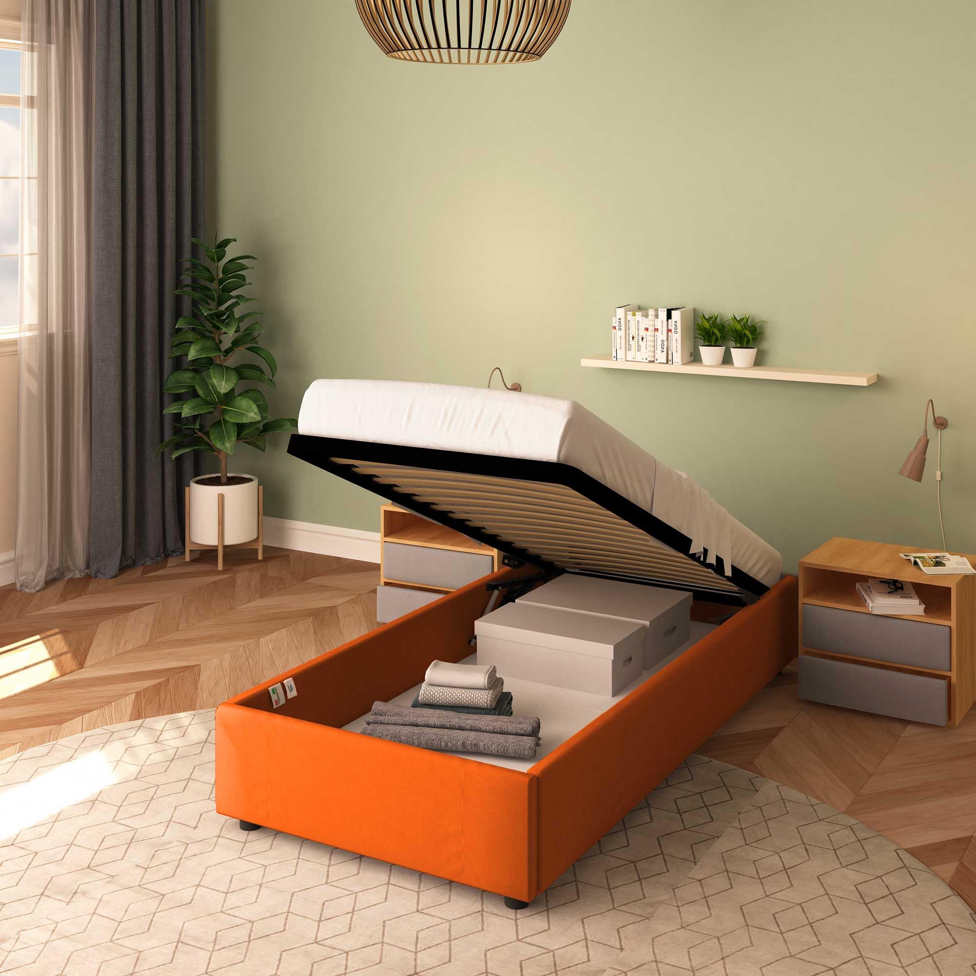 Baldiflex Cloe Square and Half Bed with Storage Container, Fabric Frame, No Headboard, Slatted Base for Mattresses, 100 x 200 cm, Orange - Perfect for Small Bedrooms, Guest Rooms & Studio Apartments
