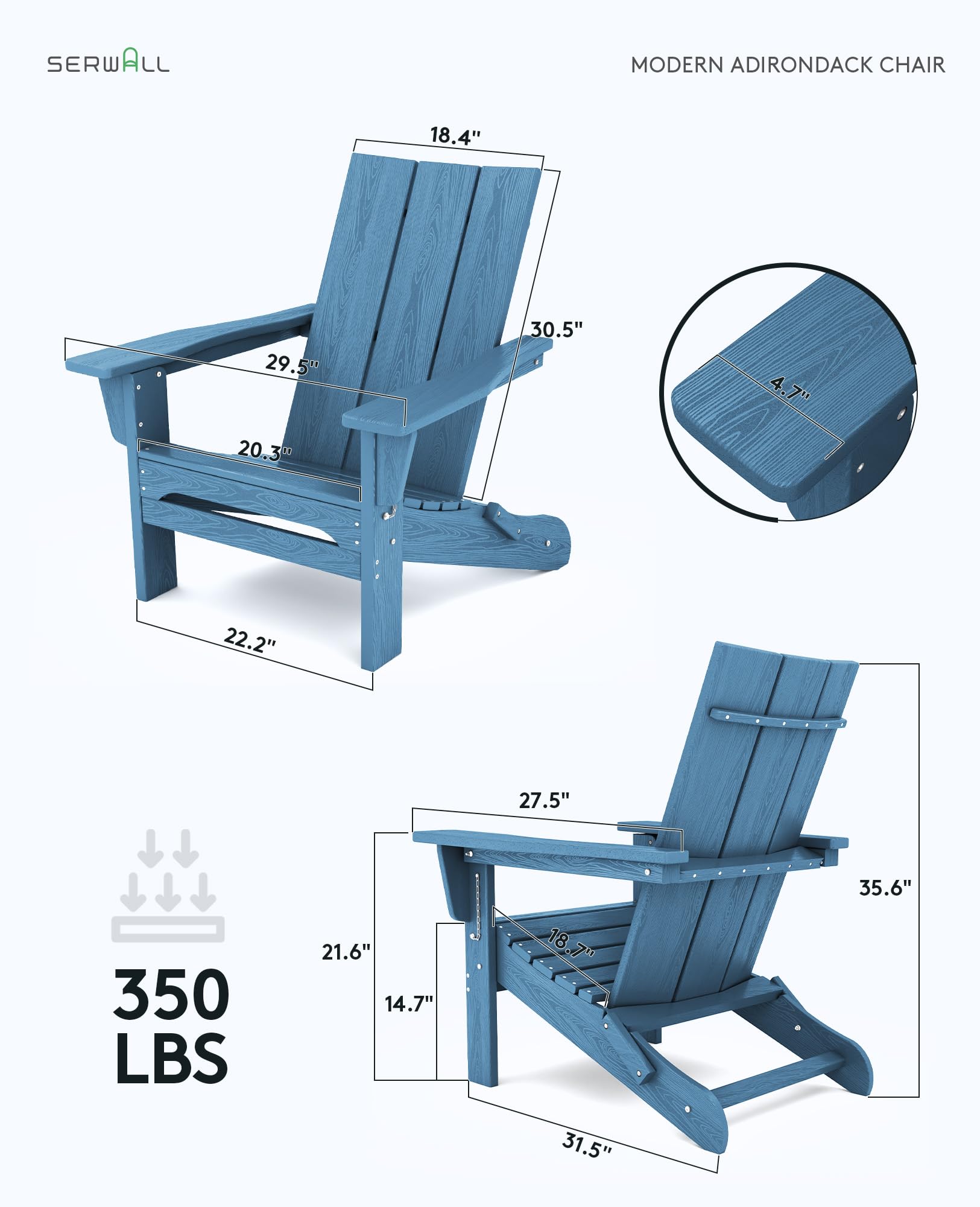 SERWALL Modern Adirondack Chair Set of 6 - Folding HDPE Outdoor Patio Chairs in Blue - Durable Weather-Resistant Lawn Furniture for Backyard, Poolside & Garden Relaxation
