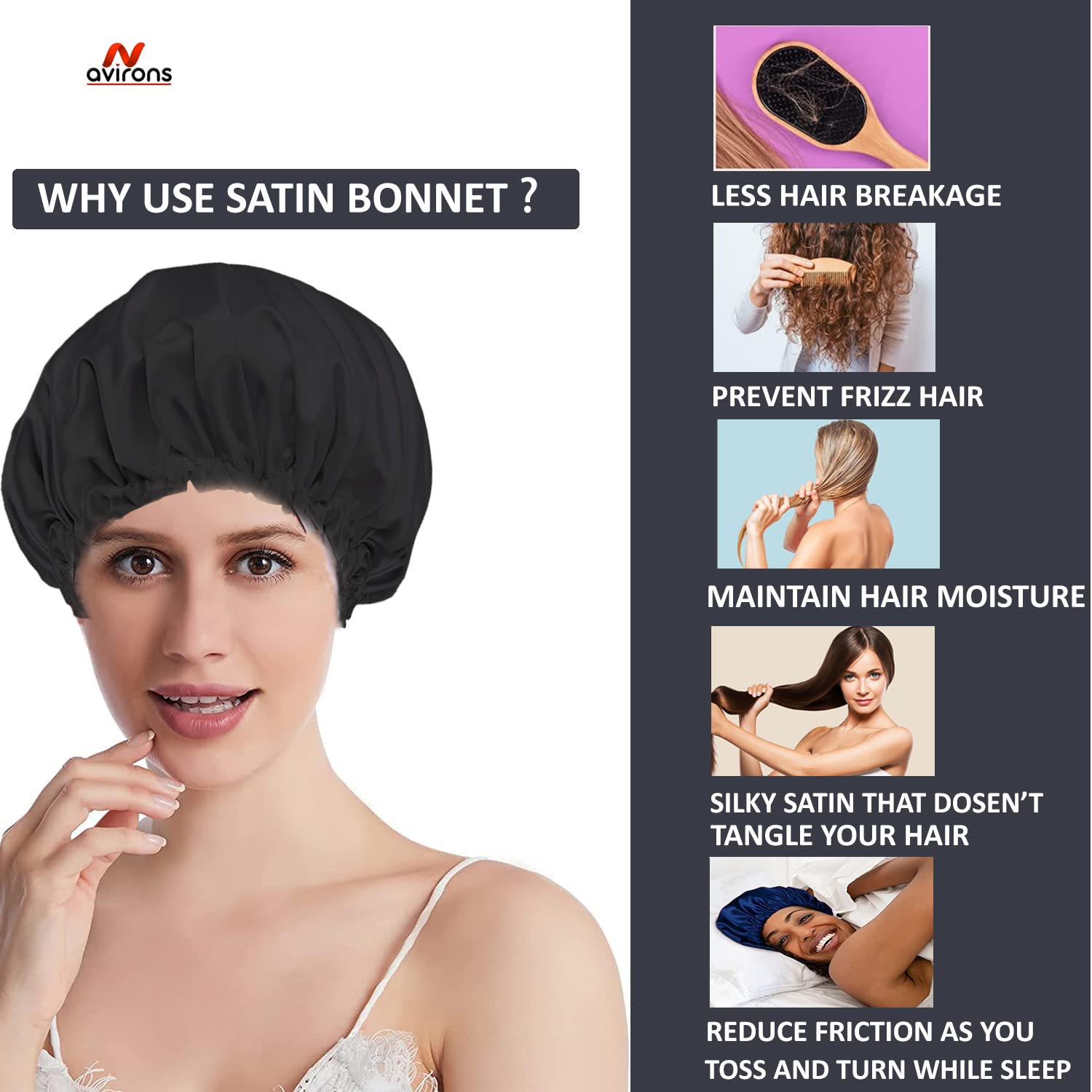 Avirons Satin Silk Hair Bonnet & Sleep Mask Set - Reversible Silk Night Cap for Women with All Hair Types | Soft Satin Hair Protection for Sleeping, Travel & Home Care | Prevents Breakage & Frizz