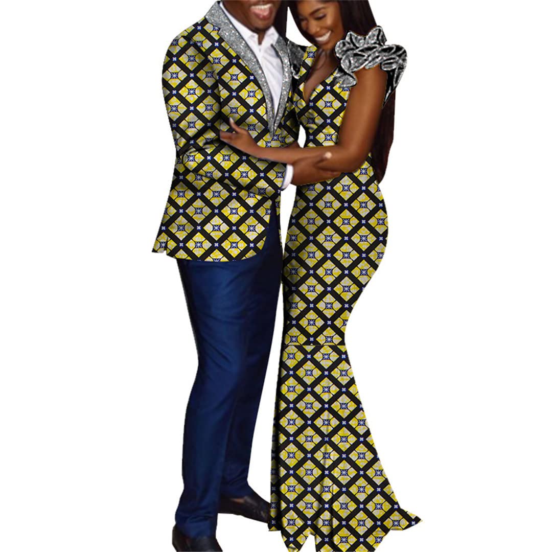 African Dashiki Couple Outfits for Lovers - Matching Men's Tops & Pants + Women's Dress Sets - Traditional Ankara Print 20M - Perfect for Weddings, Anniversaries and Cultural Celebrations