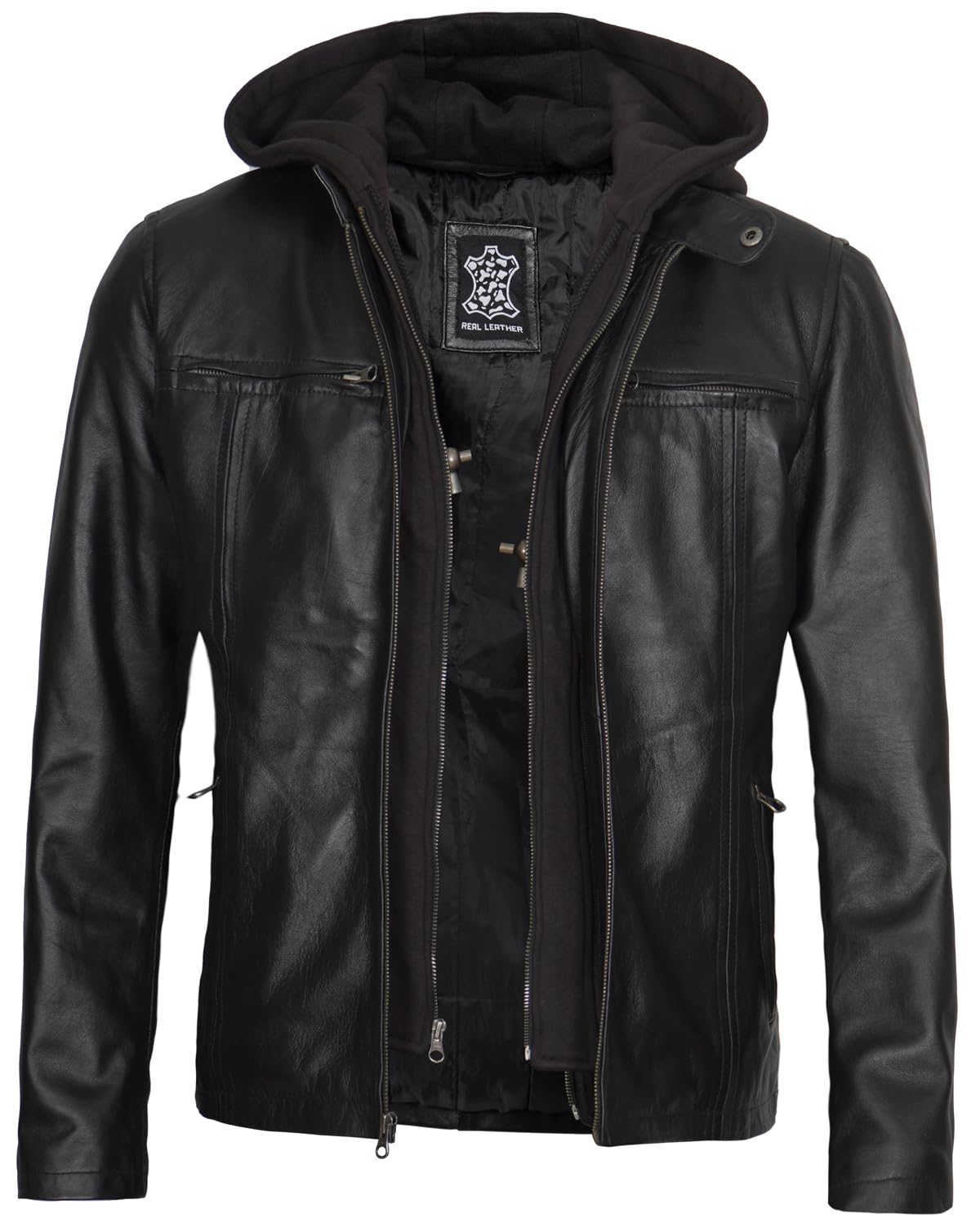 Men's Decrum Hooded Leather Jacket - Premium Bomber Style Jacket with Detachable Hood for Casual & Motorcycle Riding | Winter & Fall Outerwear